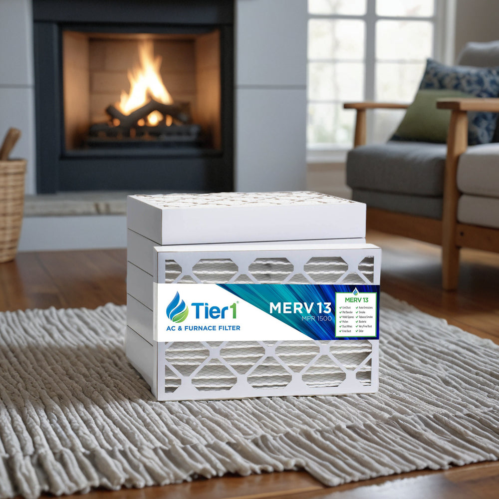 Tier 1 AC & furnace filter in a box, positioned on a rug near a warm fireplace.