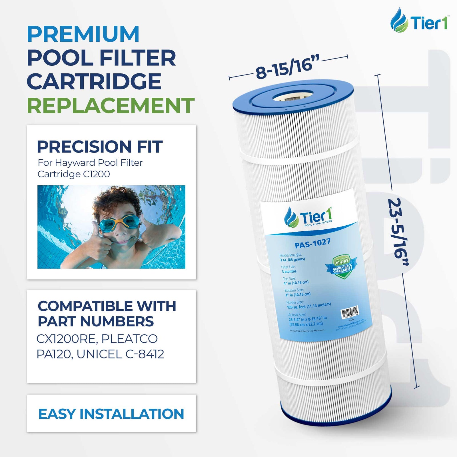 Tier1 Pool Filter for CX-1200-RE -Washable Trilobal Dirt-Lock Pleats