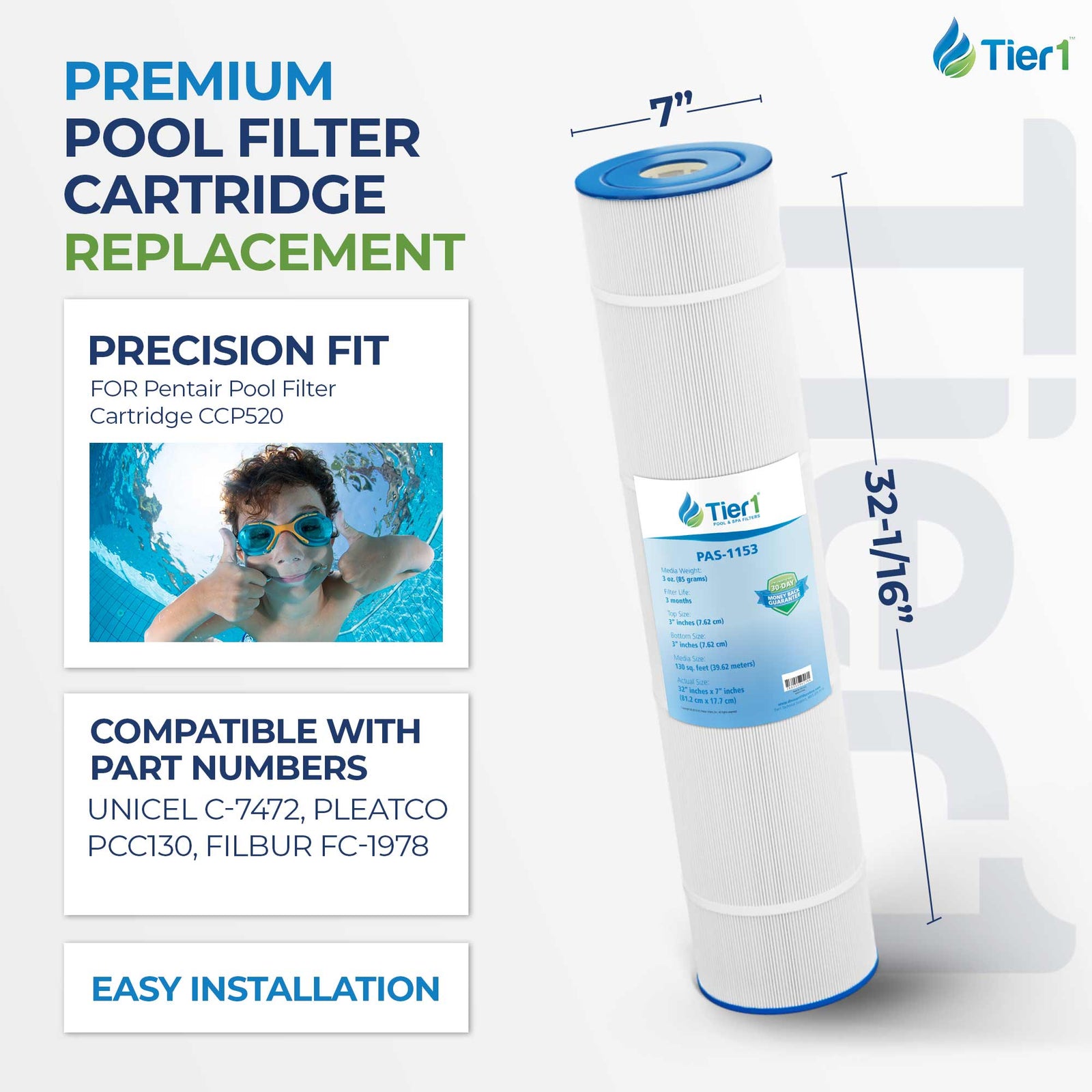 Tier1 Pool Filter for Pentair CCP520 -Washable Trilobal Dirt-Lock Pleats