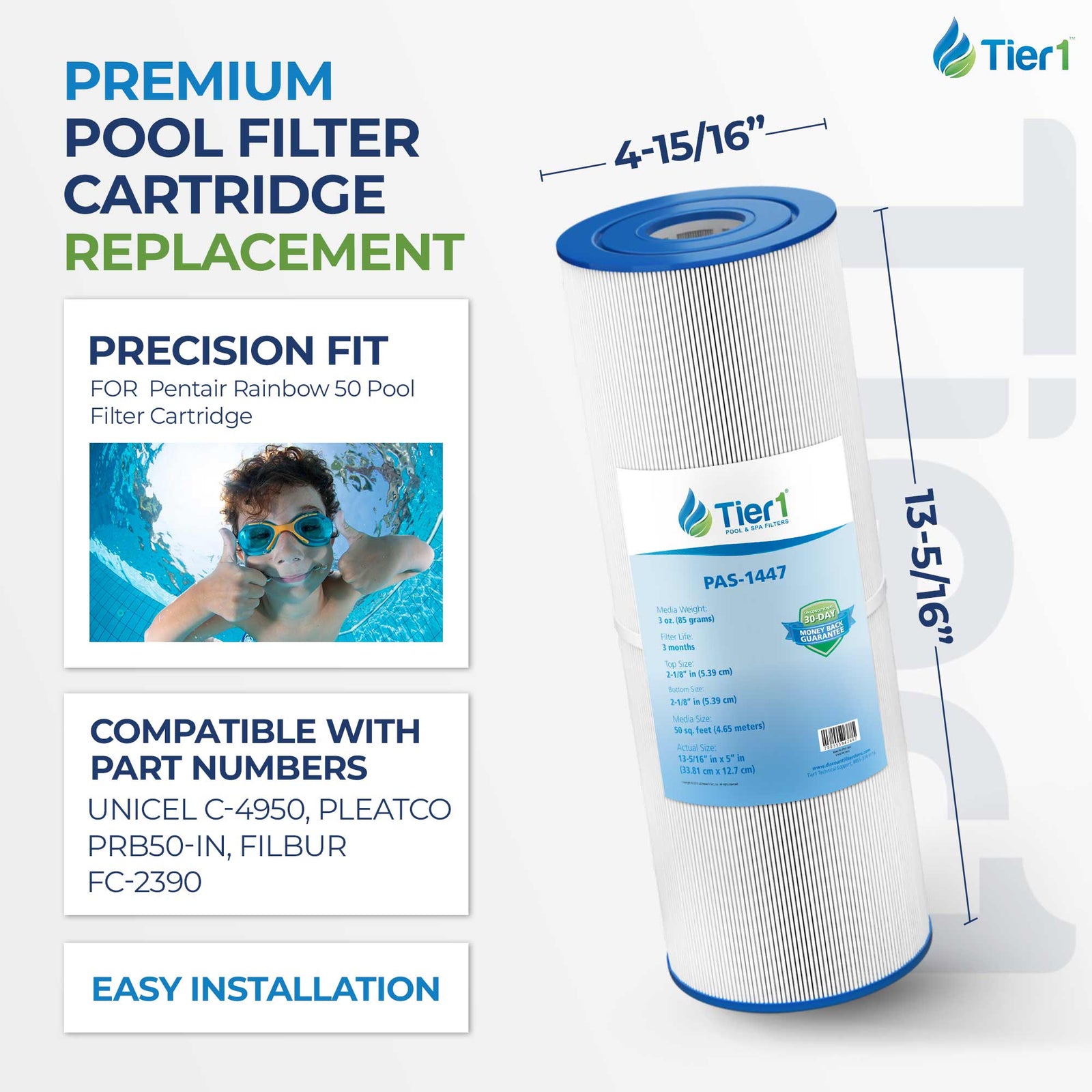 Tier1 Pool Filter for Pentair Rainbow 50 -Washable Trilobal Dirt-Lock Pleats