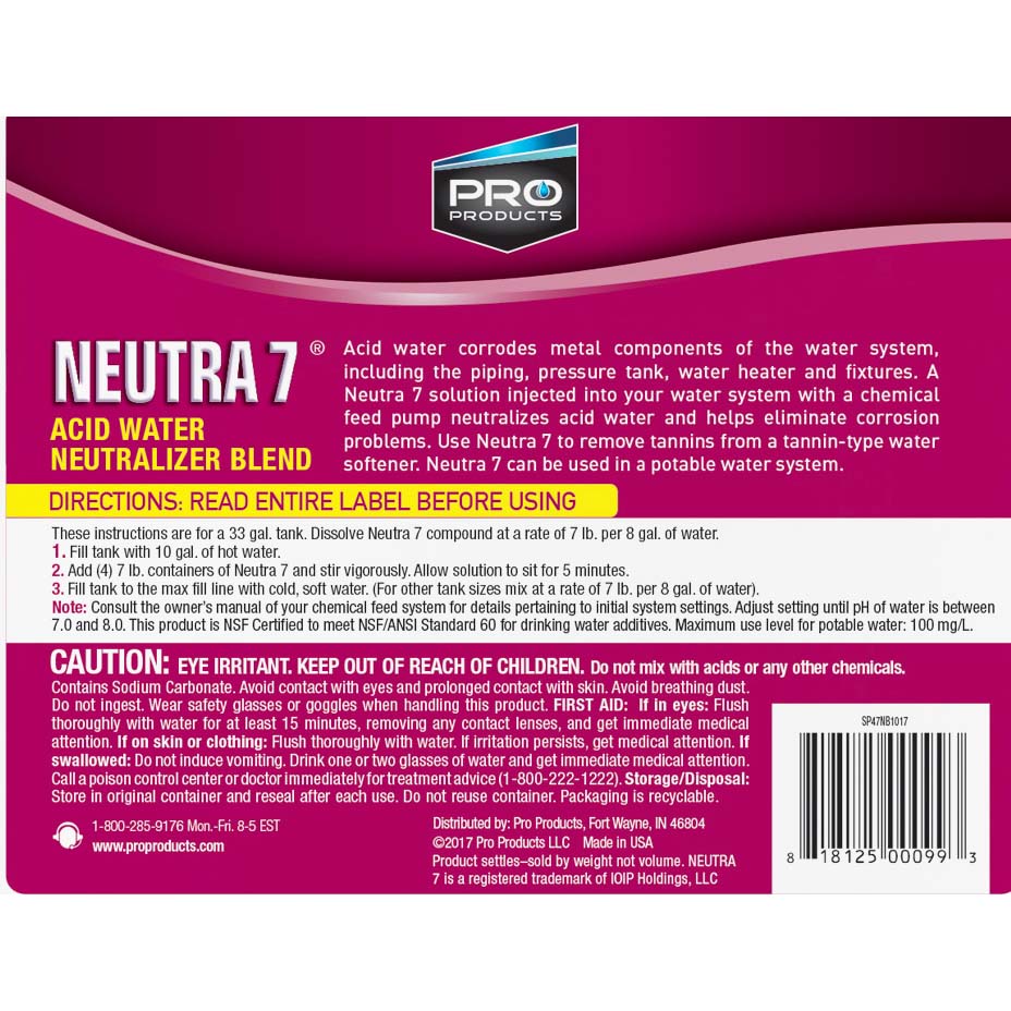 Pro Products Neutra 7 Acid Water Neutralizer (40 lb pail, #SP40N) Label - DiscountFilterStore.com