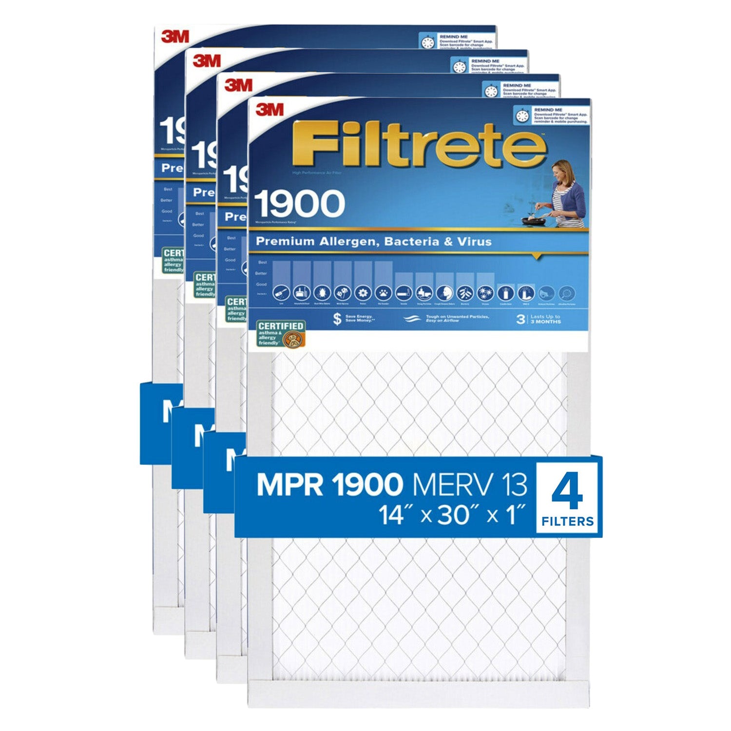 3M Filtrete 1900 Ultimate Allergen, Bacteria & Virus Air Filter - 14x30x1 (4-Pack) - DiscountFilterStore.com