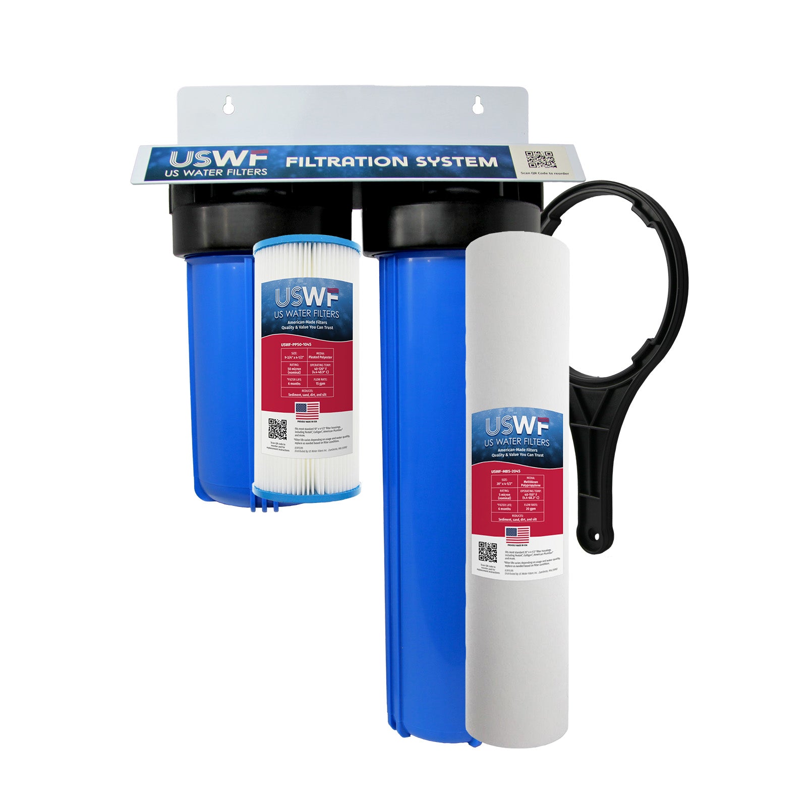 USWF Heavy Sediment Reduction 2-Stage Whole House Water Filtration System, Pleated Sediment and Meltblown Sediment, 3/4" Inlet/Outlet - DiscountFilterStore.com