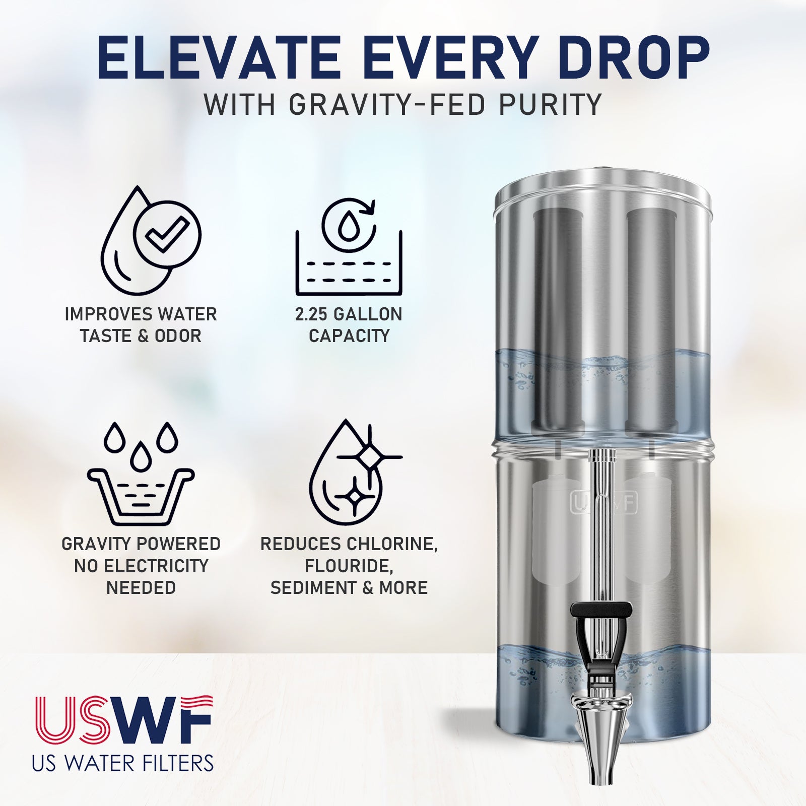 USWF 2.25 Gallon Stainless Steel Gravity Fed Filter System with Fluoride Filtration - Countertop & Faucet Filters - 124.0 - DiscountFilterStore.com