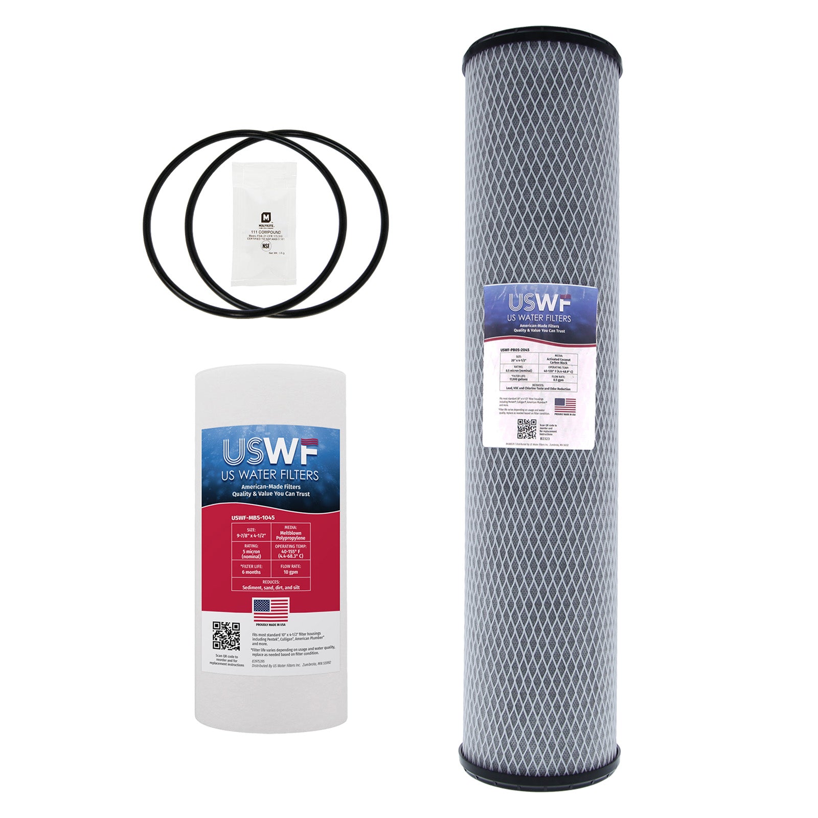 USWF Replacement Filter Set for 2-Stage Lead Reduction Filtration System, 10"x4.5" Sediment 5 Micron and 20"x4.5" Lead Reduction Carbon Block 0.5 Micron - DiscountFilterStore.com