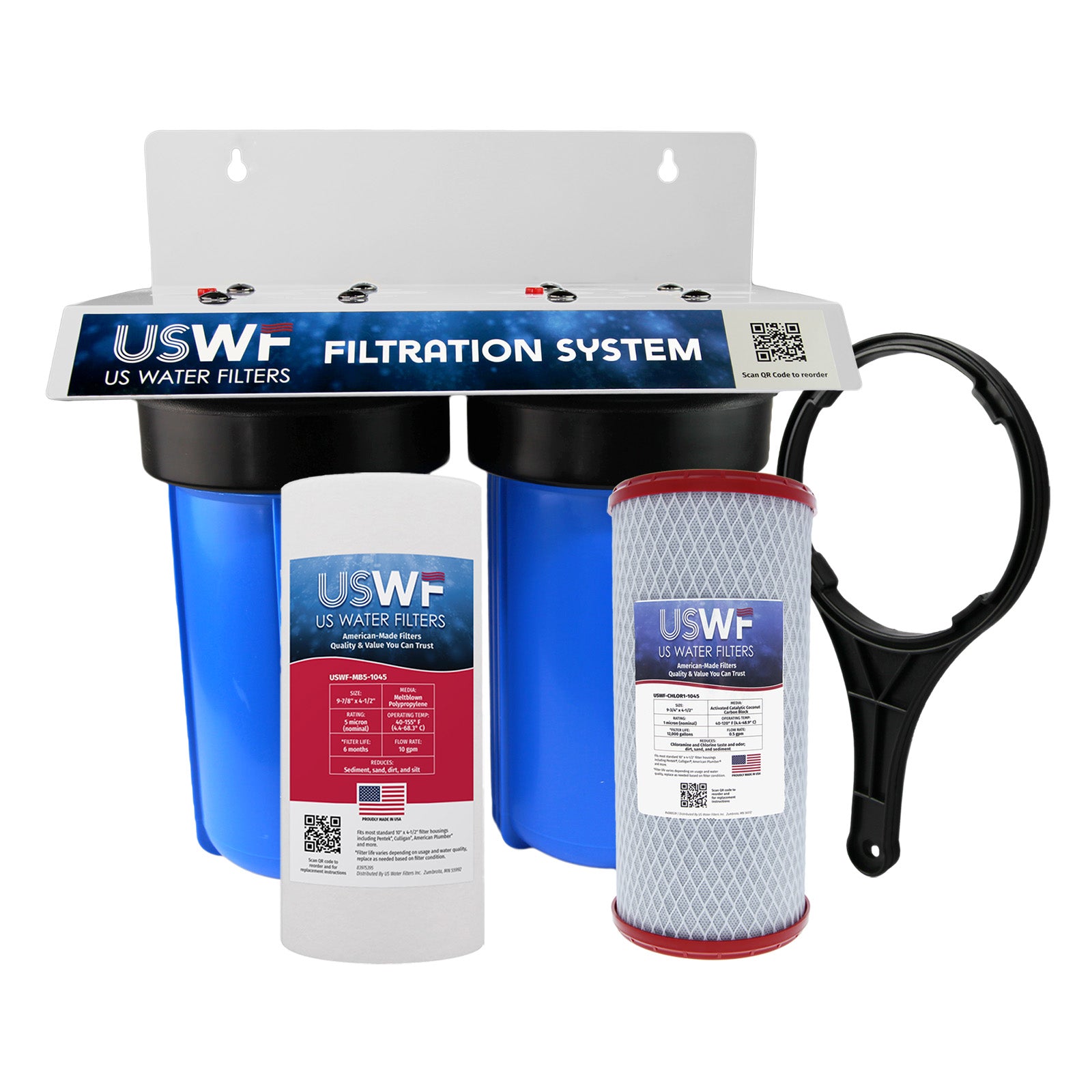 USWF Chloramine Dual 10" 2-Stage Filtration System, Sediment & 10" 1 Micron Chloramine Carbon Block filters, 3/4" Inlet/Outlet - DiscountFilterStore.com