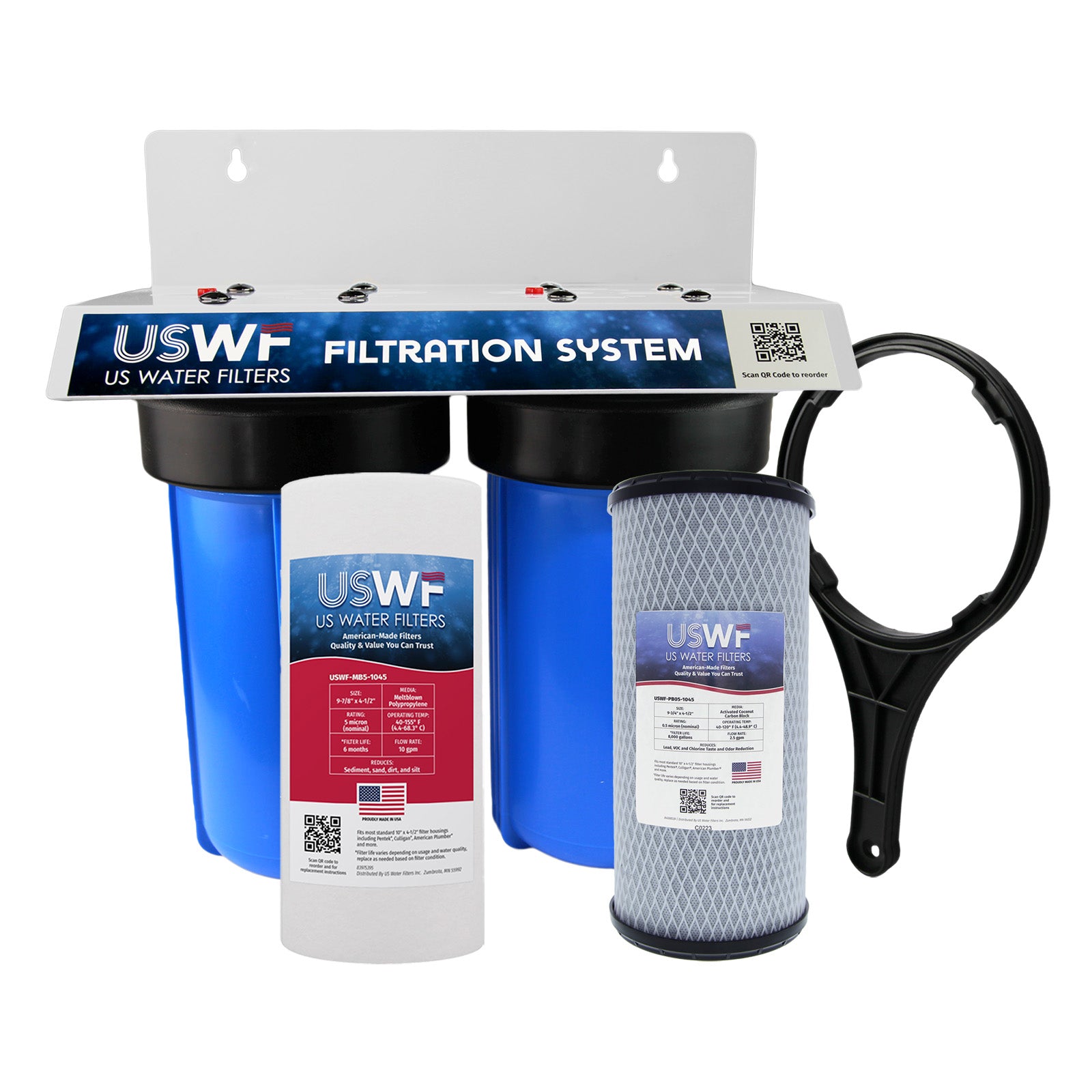 USWF Lead Dual 10" 2-Stage Filtration System, Sediment &  10" 0.5 Micron Lead Carbon Block filters, 3/4" Inlet/Outlet - DiscountFilterStore.com