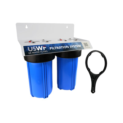 USWF 2-Stage 10" DoubleBig Blue Heavy Duty Whole House Filter Housing, 3/4" NPT Inlet/Outlet, Includes Mounting Bracket & Wrench - Whole House Systems - 70.69 - DiscountFilterStore.com