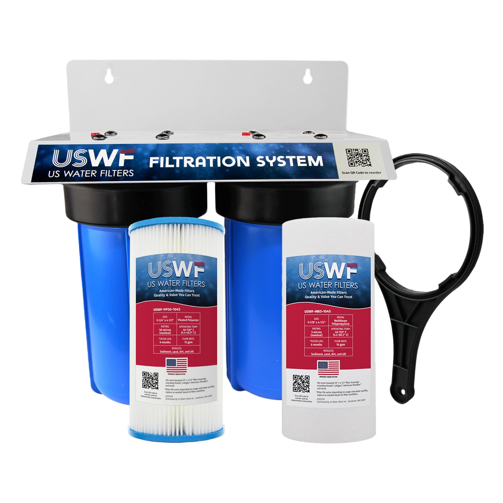 USWF Sediment Dual 10" 2-Stage Filtration System, Pleated Sediment & Meltblown Sediment filters, 3/4" Inlet/Outlet - DiscountFilterStore.com