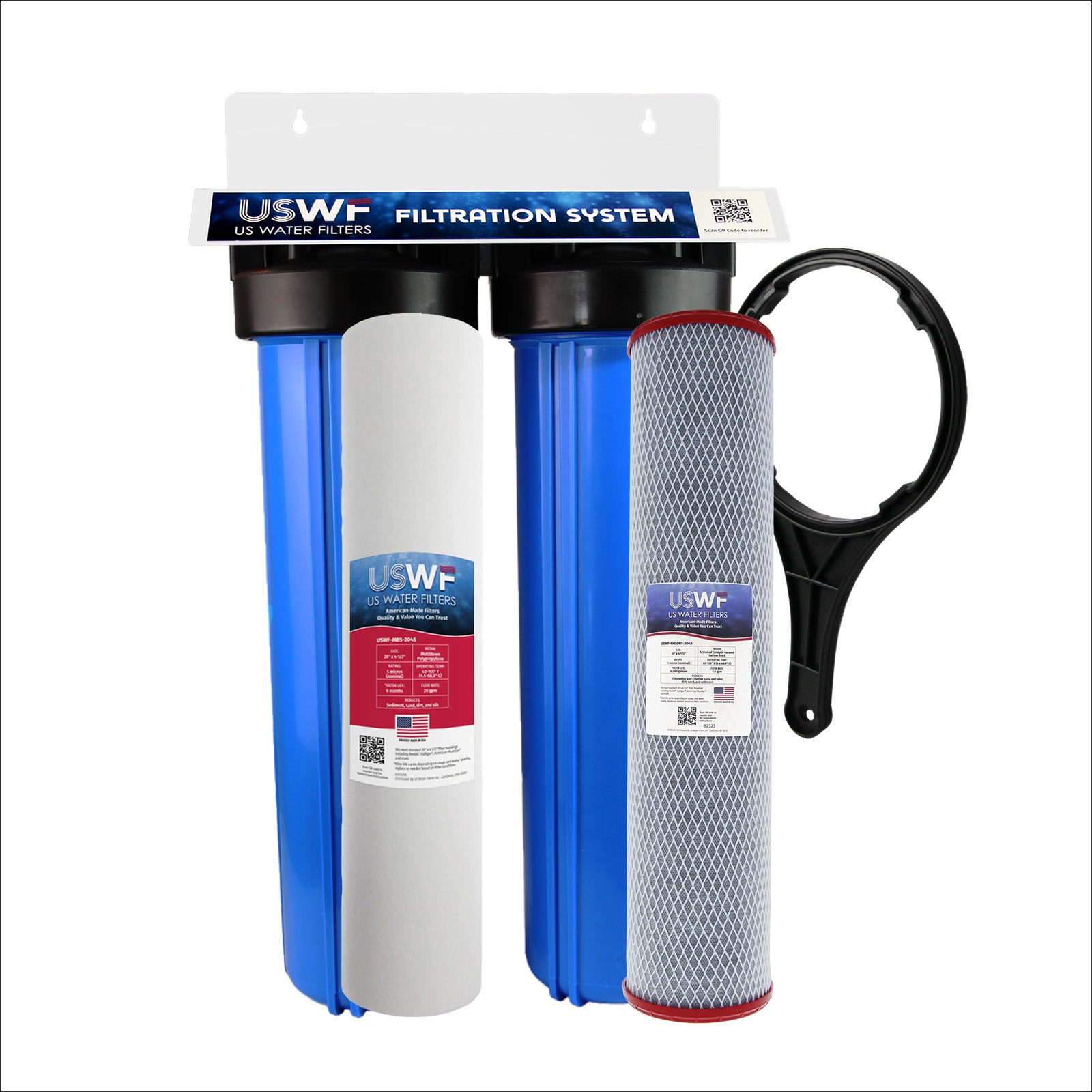 USWF Chloramine Dual 20" 2-Stage Filtration System, Sediment & Chloramine Carbon Block filters, 1" Inlet/Outlet - DiscountFilterStore.com
