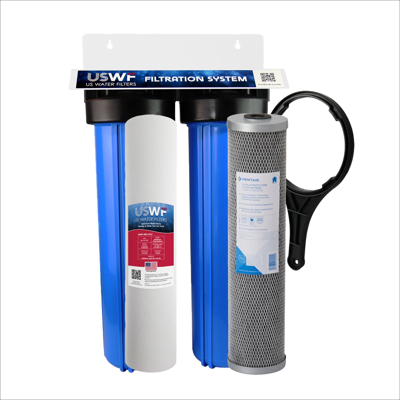 USWF Forever Chemical (PFAS) NSF53 Certified, Dual 20" 2-Stage Filtration System, Sediment & PFAS Carbon Block filters, 3/4" Inlet/Outlet - DiscountFilterStore.com