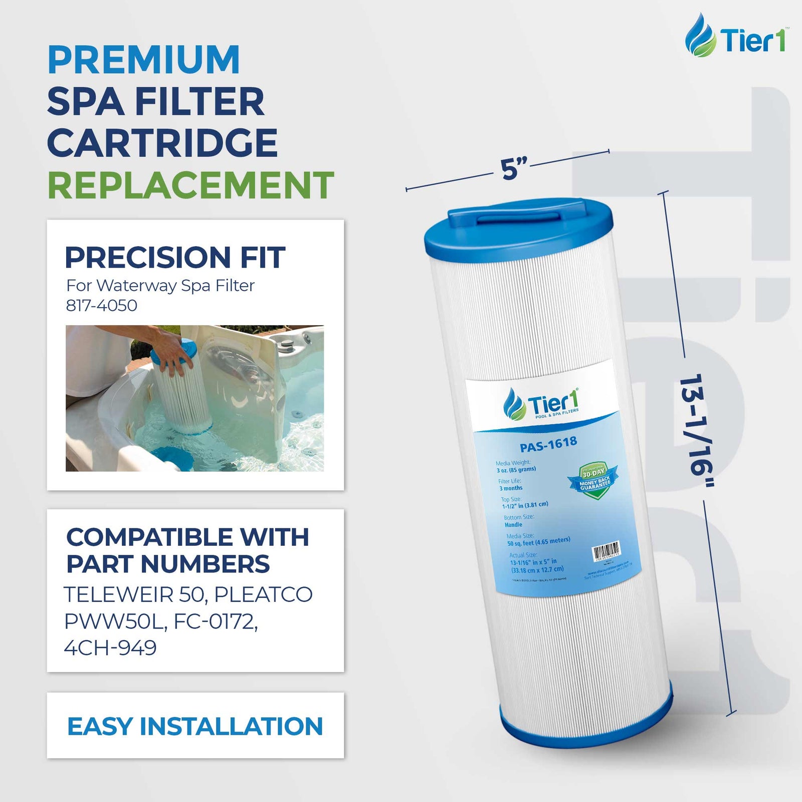 Tier1 Spa Filter for Waterway 817-4050 -Washable Trilobal Dirt-Lock Pleats