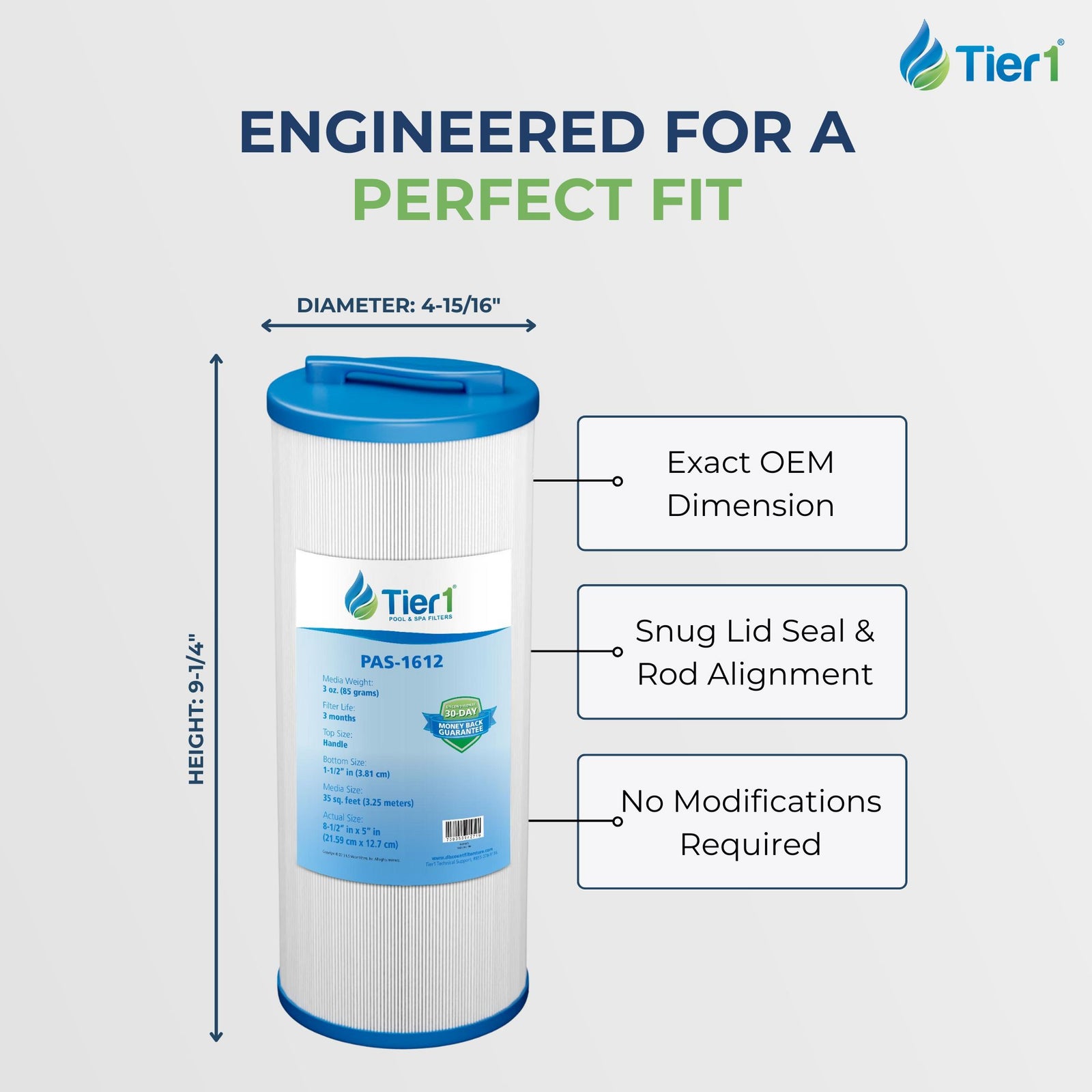 Tier1 Spa Filter for Waterway Teleweir 35 SF -Washable Trilobal Dirt-Lock Pleats