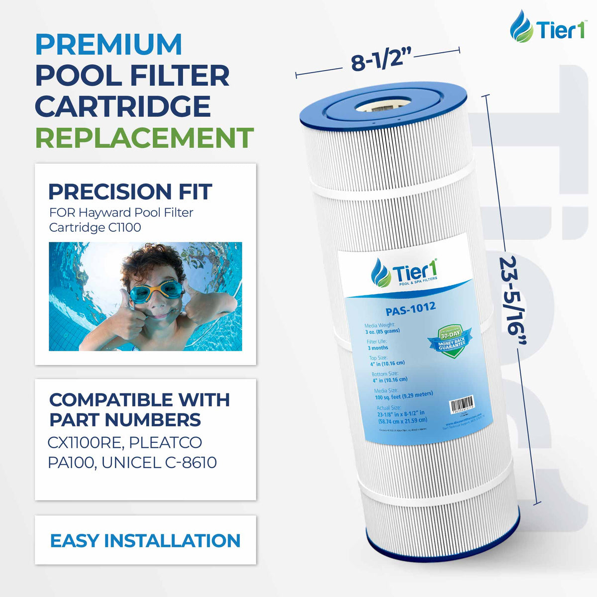 Tier1 Pool Filter for Hayward C1100 -Washable Trilobal Dirt-Lock Pleats