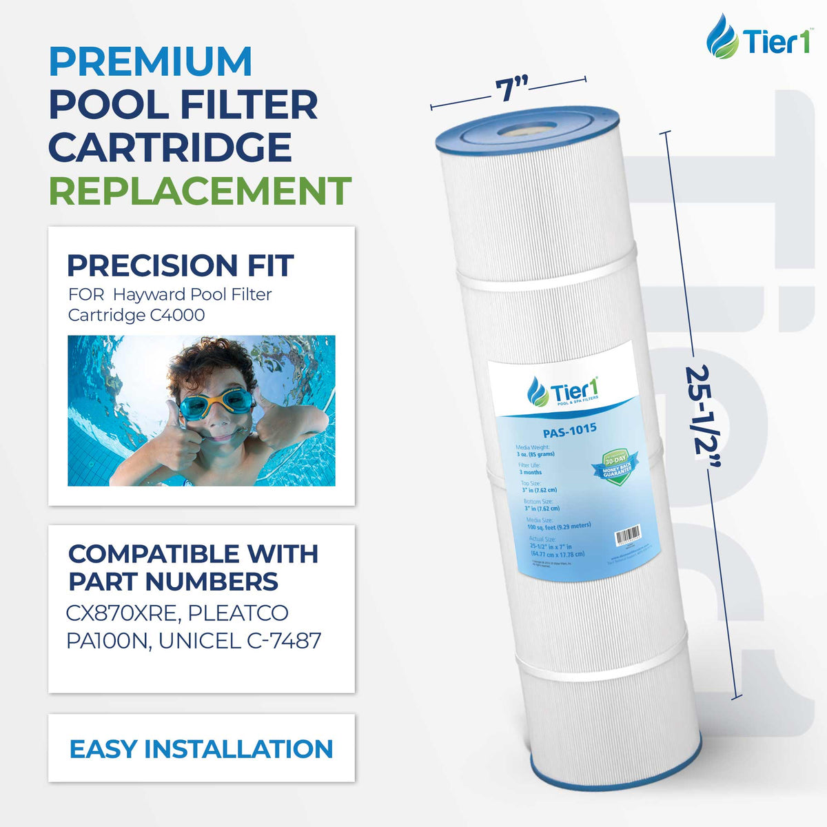 Tier1 Pool Filter for Hayward C4000 -Washable Trilobal Dirt-Lock Pleats