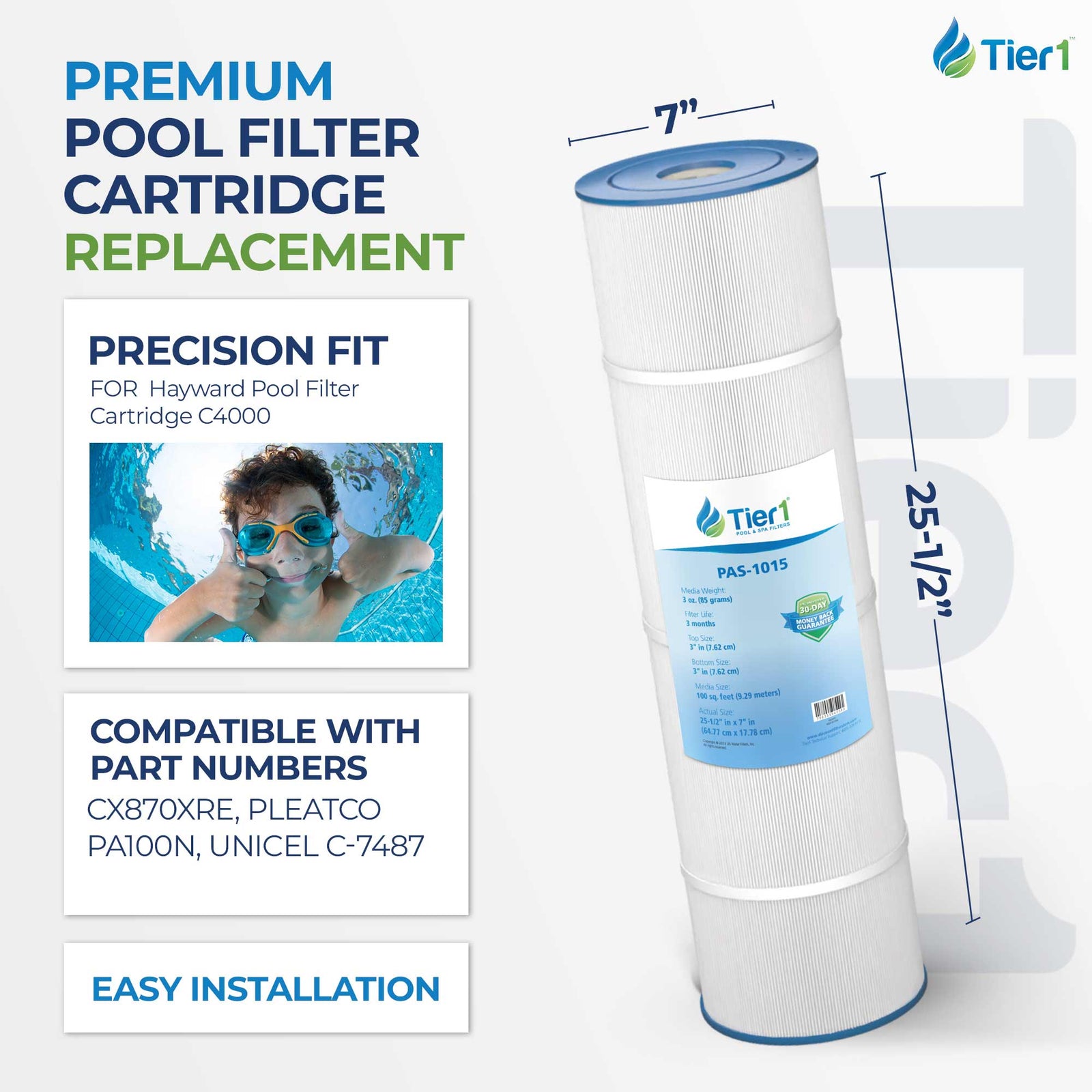 Tier1 Pool Filter for Hayward C4000 -Washable Trilobal Dirt-Lock Pleats