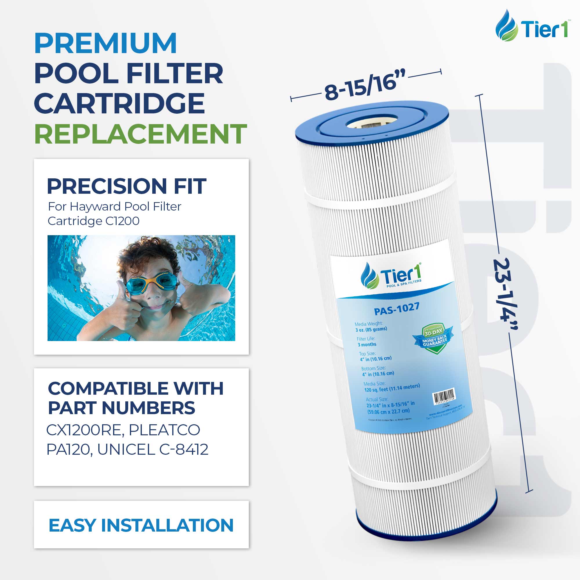 Tier1 Pool Filter for CX-1200-RE -Washable Trilobal Dirt-Lock Pleats