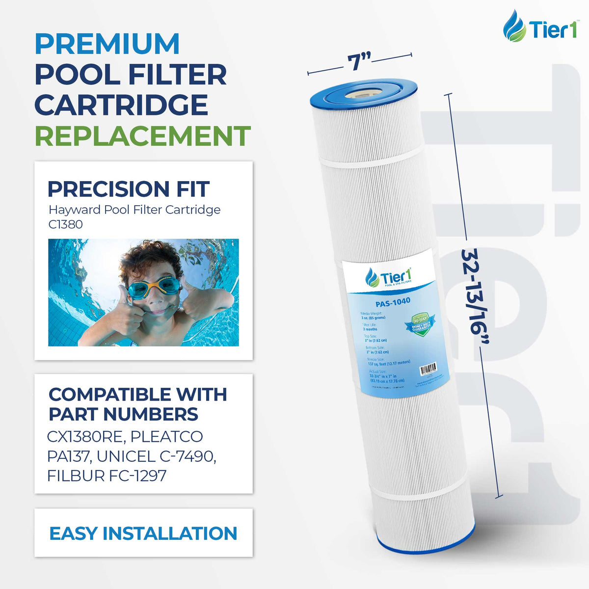 Tier1 Pool Filter for Hayward C1380 -Washable Trilobal Dirt-Lock Pleats