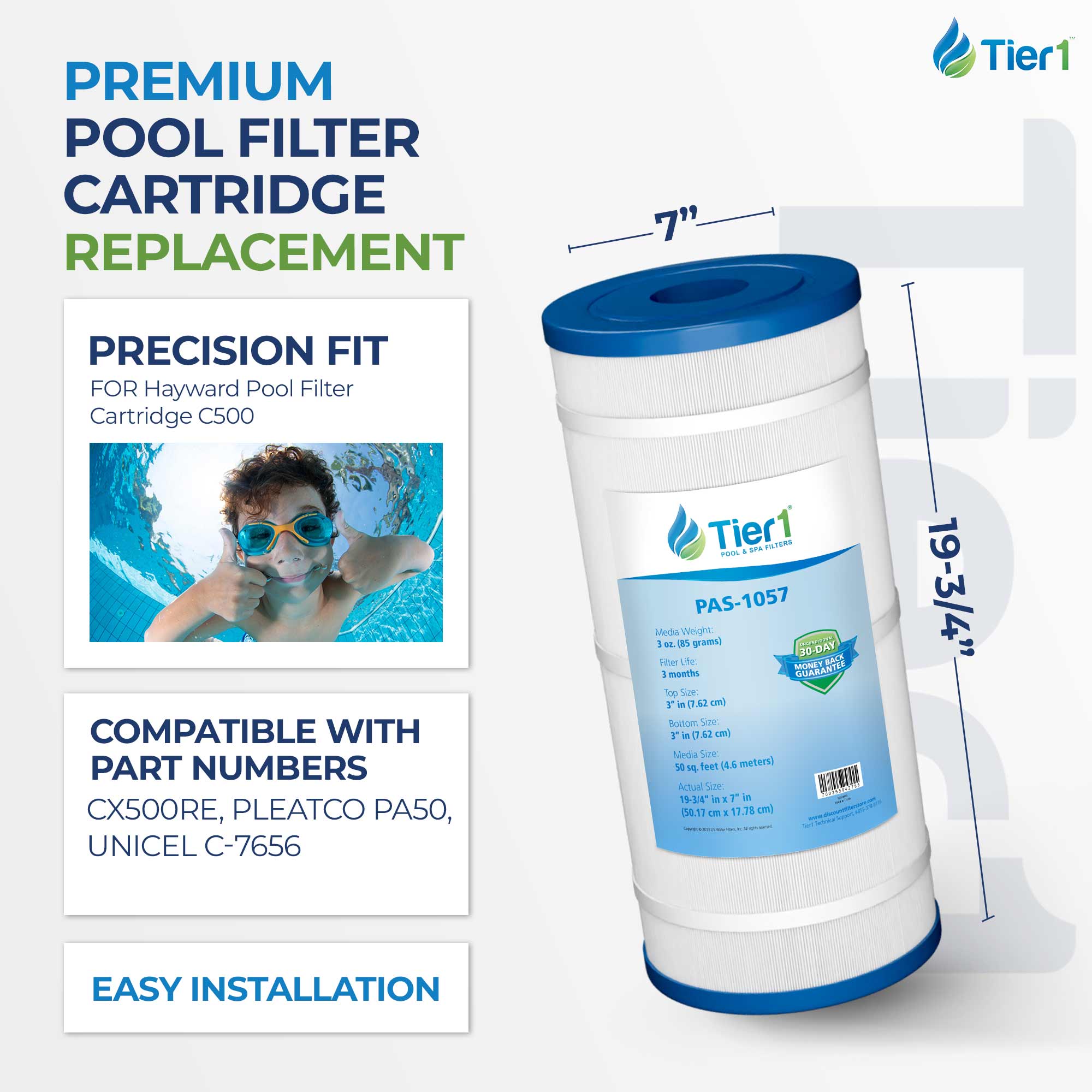 Tier1 Pool Filter for Hayward C500 -Washable Trilobal Dirt-Lock Pleats