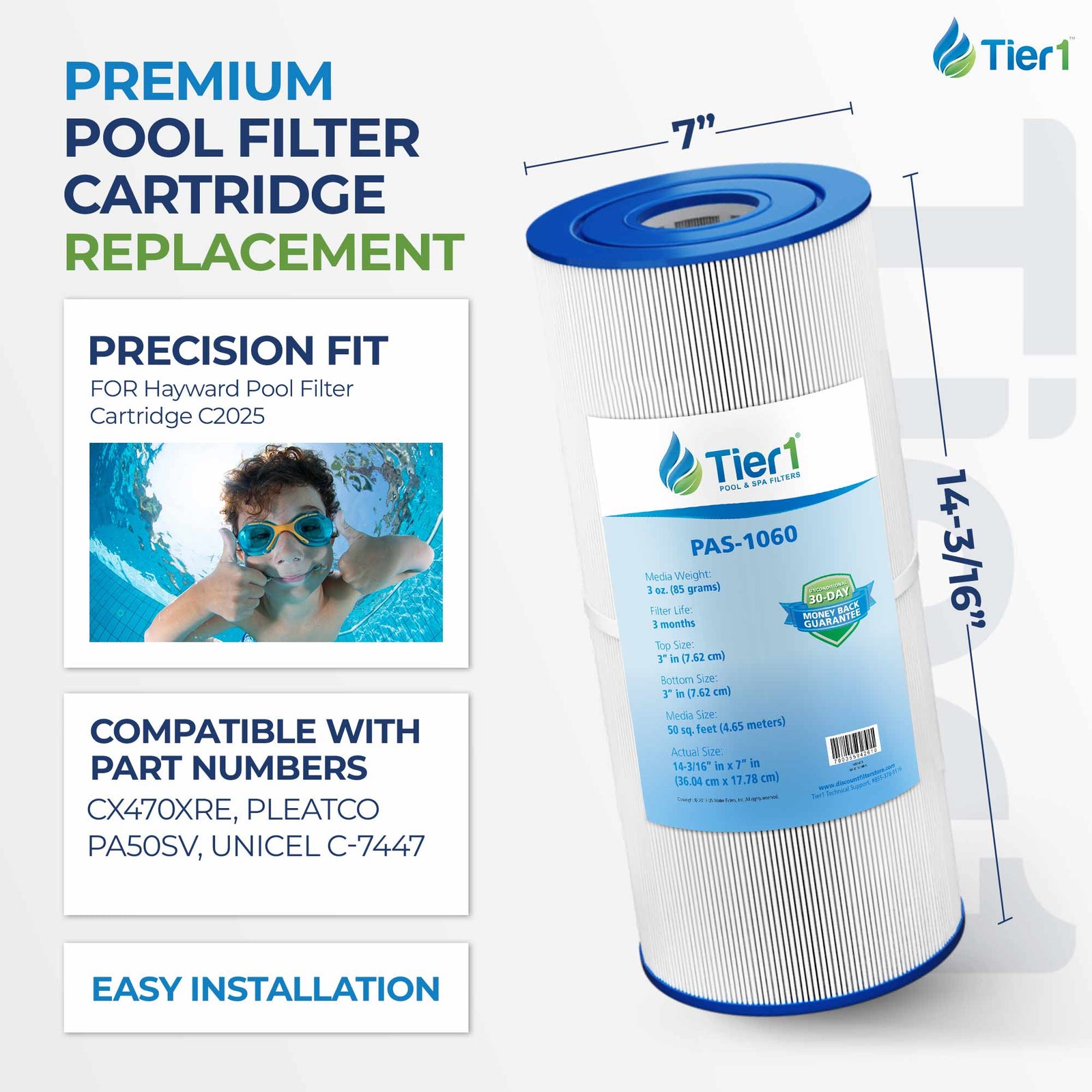 Tier1 Pool Filter for Hayward Filter C2025 -Washable Trilobal Dirt-Lock Pleats