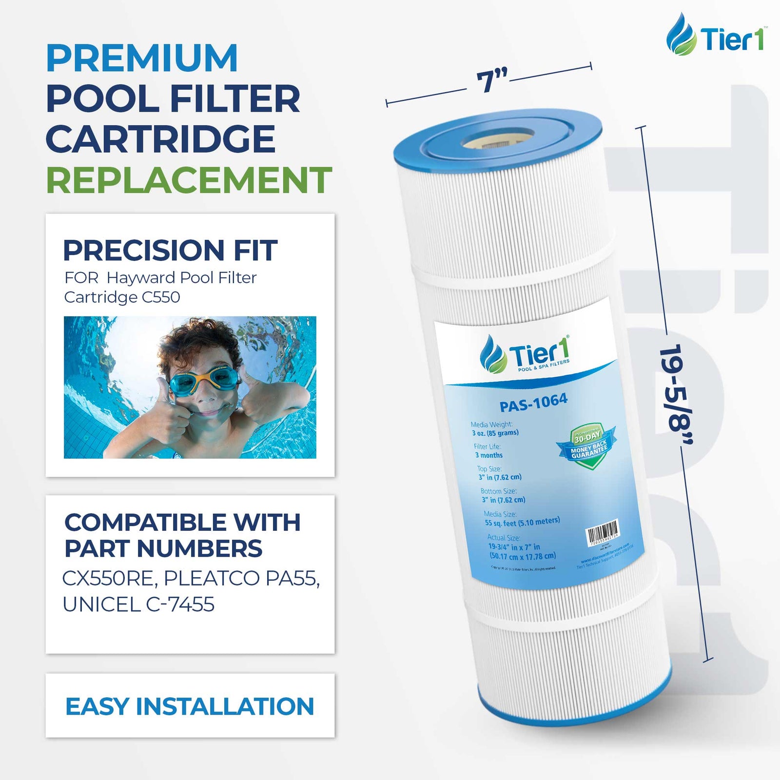 Tier1 Pool Filter for Hayward Filter C550 -Washable Trilobal Dirt-Lock Pleats