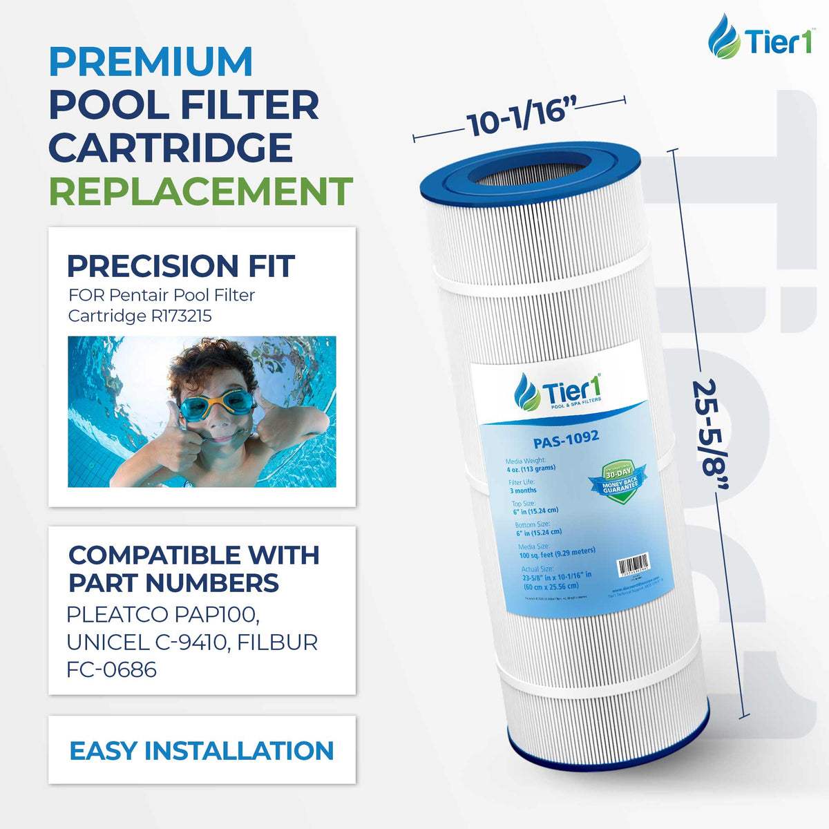 Tier1 Pool Filter for Pentair R173215 -Washable Trilobal Dirt-Lock Pleats