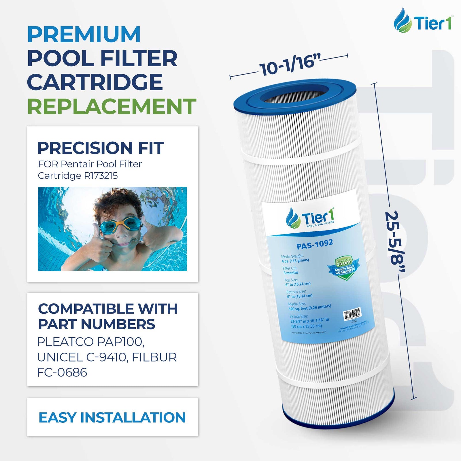 Tier1 Pool Filter for Pentair R173215 -Washable Trilobal Dirt-Lock Pleats