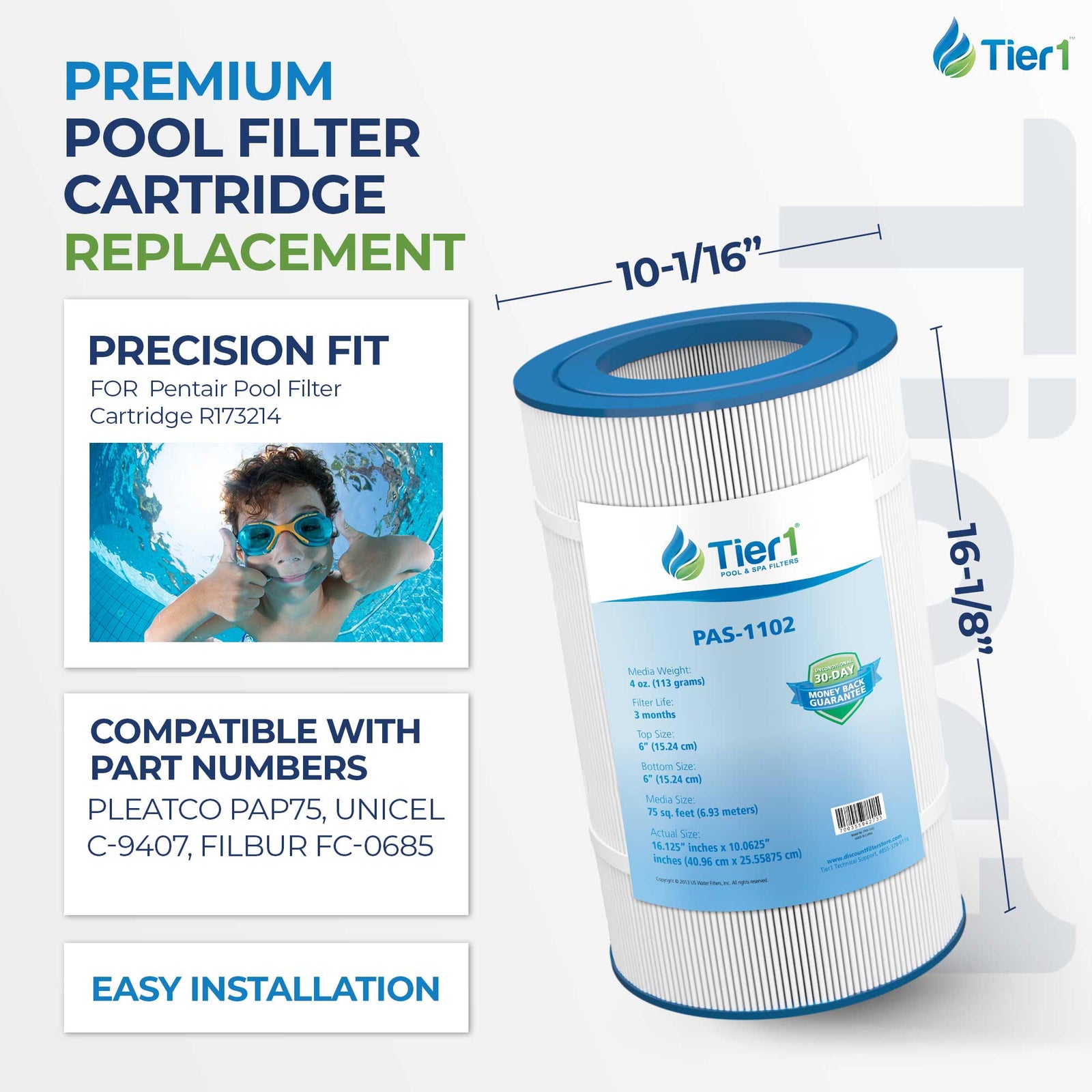 Tier1 Pool Filter for Pentair R173214 -Washable Trilobal Dirt-Lock Pleats