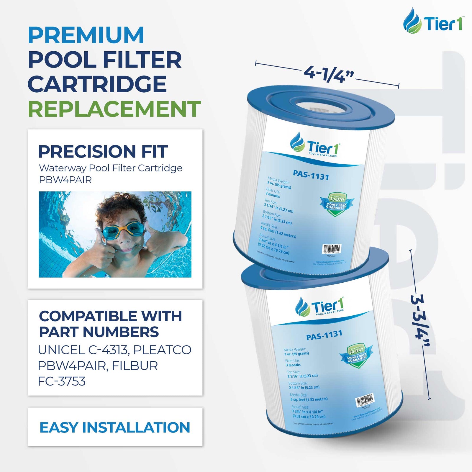 Tier1 Pool Filter for Size 1 (2-Pack) -Washable Trilobal Dirt-Lock Pleats