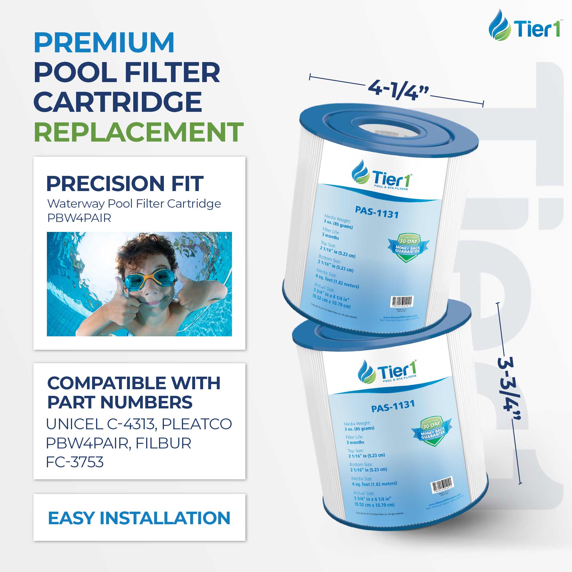 Tier1 Pool Filter for Size 1 (2-Pack) -Washable Trilobal Dirt-Lock Pleats