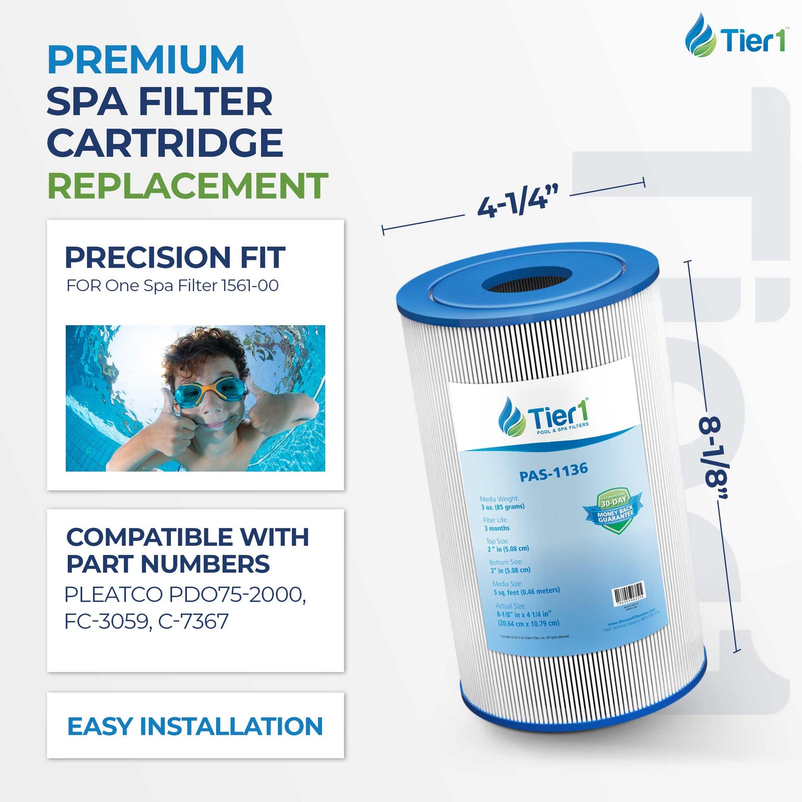 Tier1 Pool Filter for 58600, 59900 & F18 -Washable Trilobal Dirt-Lock Pleats