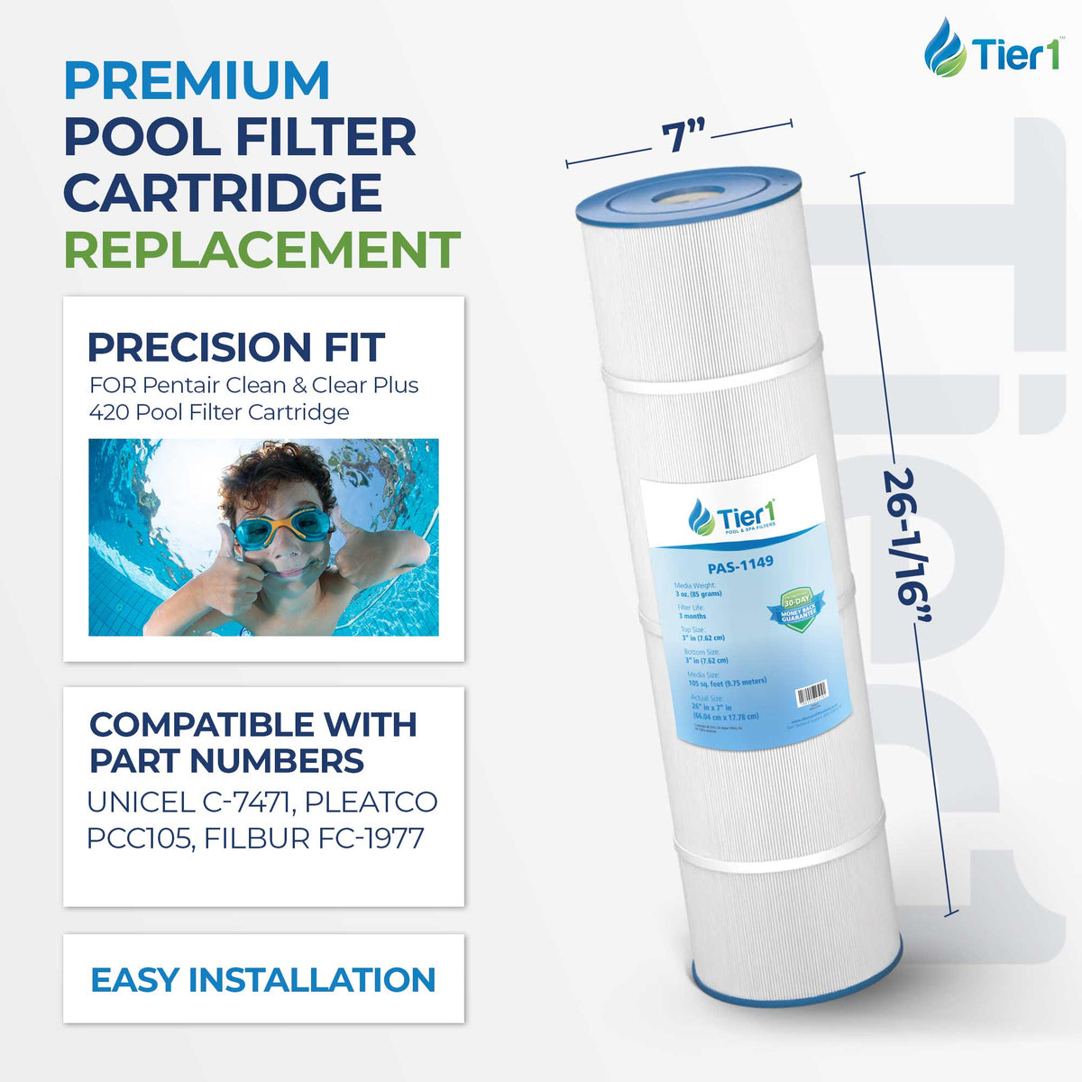 Tier1 Pool Filter for Clean & Clear Plus 420 -Washable Trilobal Dirt-Lock Pleats