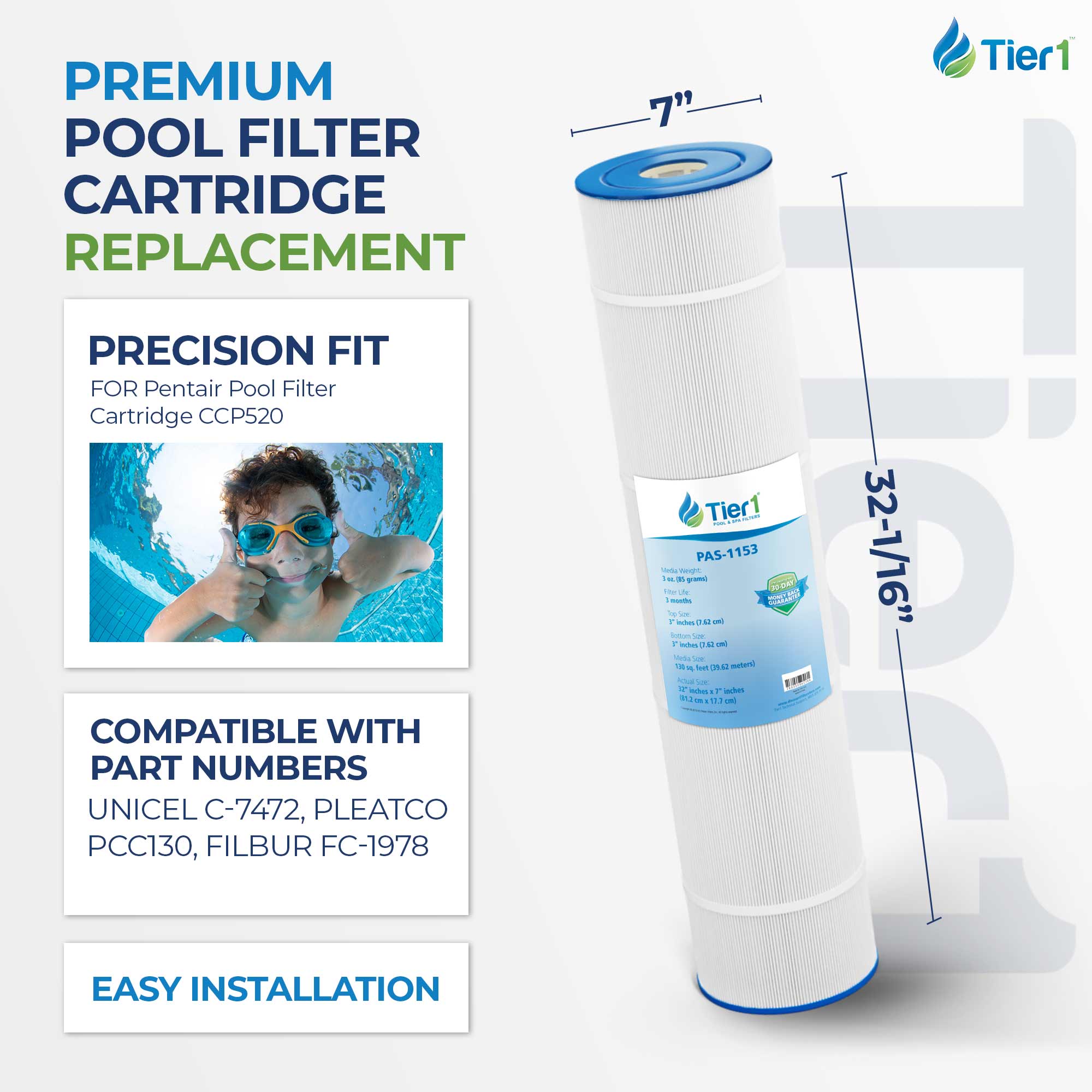 Tier1 Pool Filter for Pentair CCP520 -Washable Trilobal Dirt-Lock Pleats