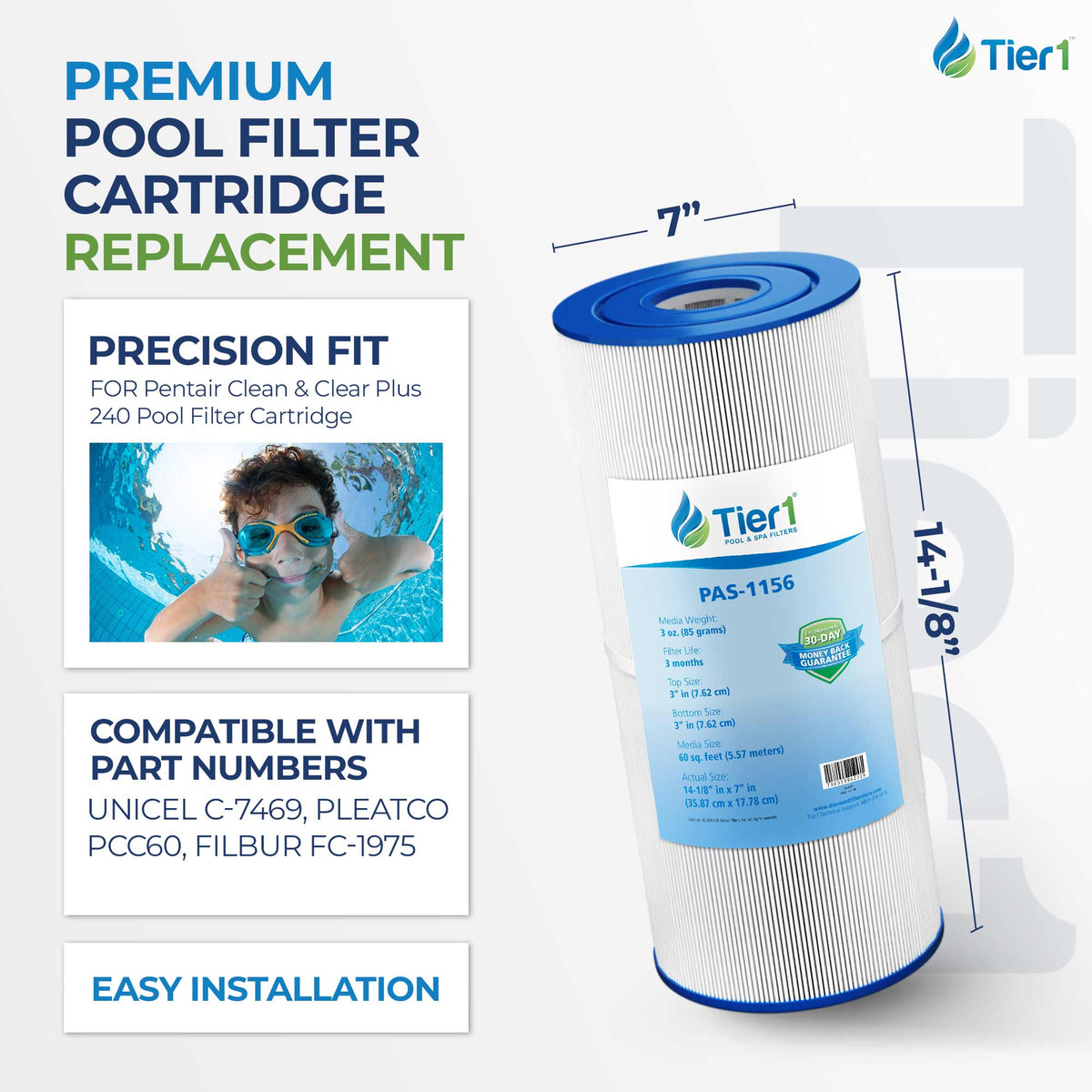 Tier1 Pool Filter for Clean & Clear Plus 240 -Washable Trilobal Dirt-Lock Pleats