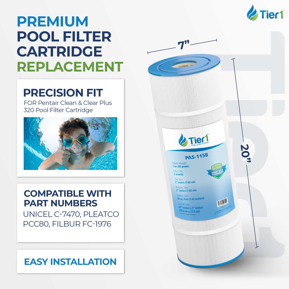 Tier1 Pool Filter for Clean & Clear Plus 320 -Washable Trilobal Dirt-Lock Pleats