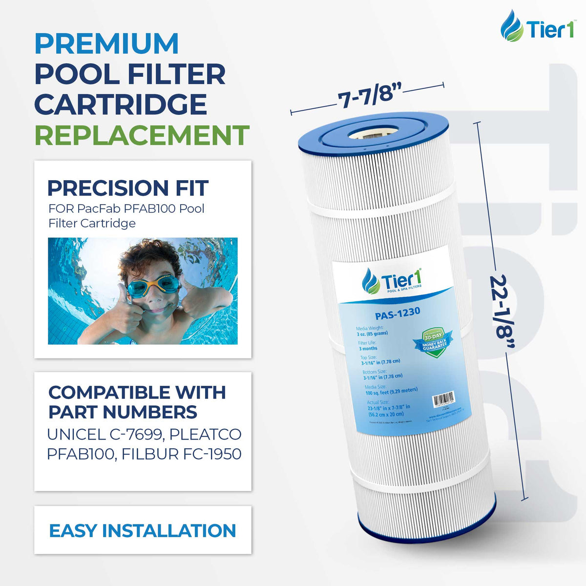 Tier1 Pool Filter for PacFab PFAB100 -Washable Trilobal Dirt-Lock Pleats