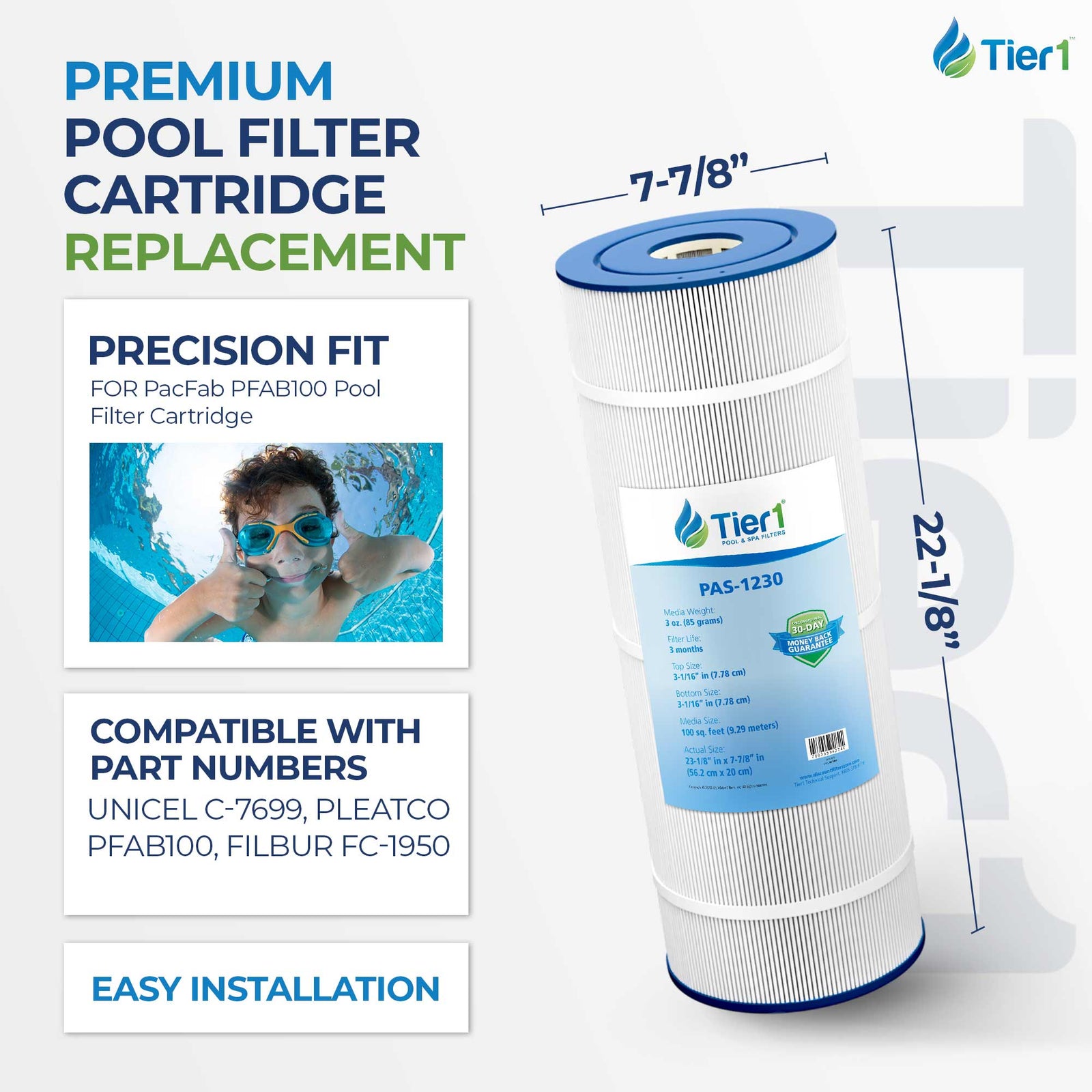 Tier1 Pool Filter for PacFab PFAB100 -Washable Trilobal Dirt-Lock Pleats