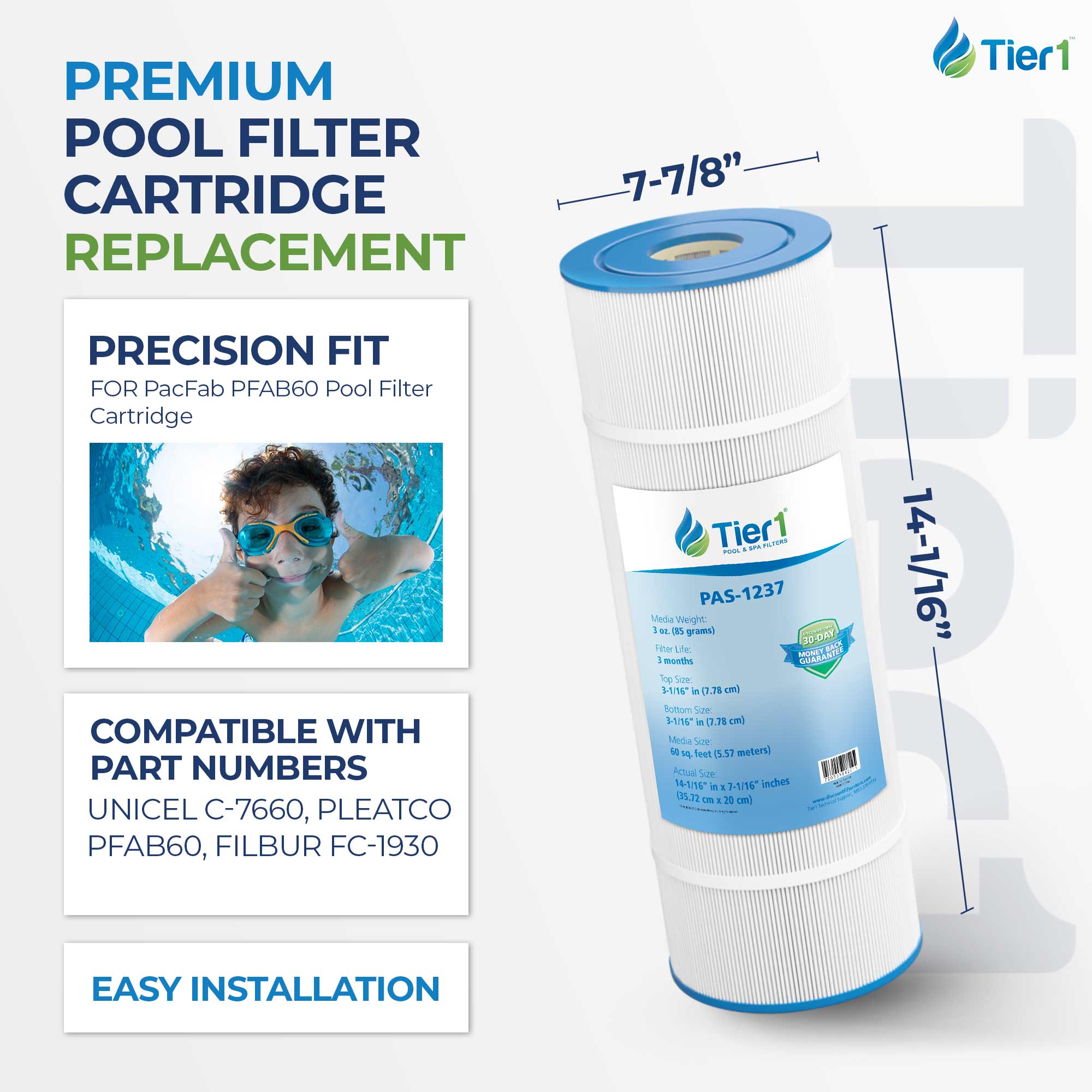 Tier1 Pool Filter for PacFab PFAB60 -Washable Trilobal Dirt-Lock Pleats