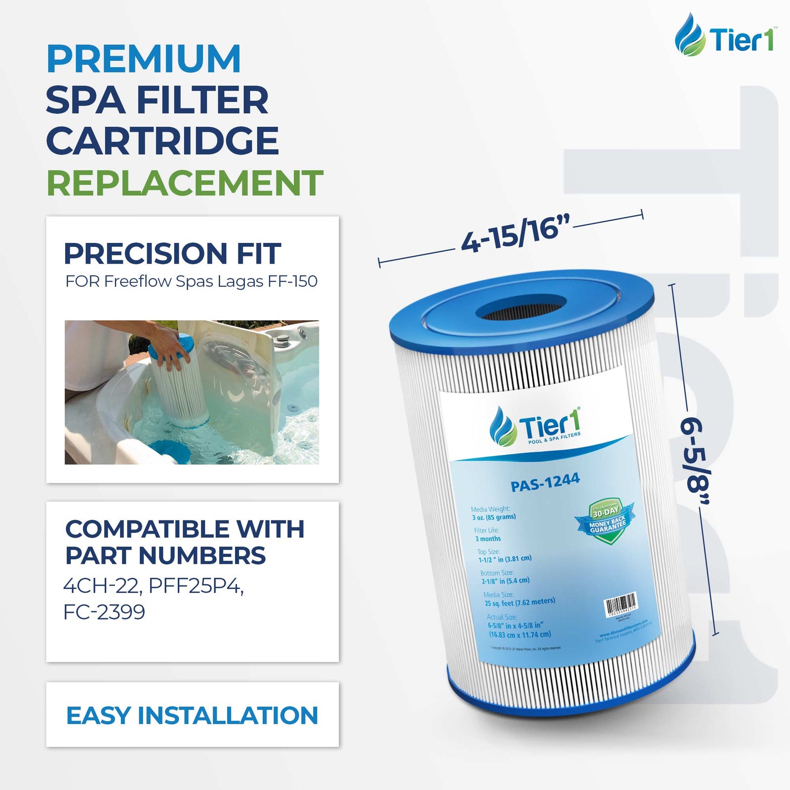 Tier1 Spa Filter for Freeflow Lagas FF-150 -Washable Trilobal Dirt-Lock Pleats