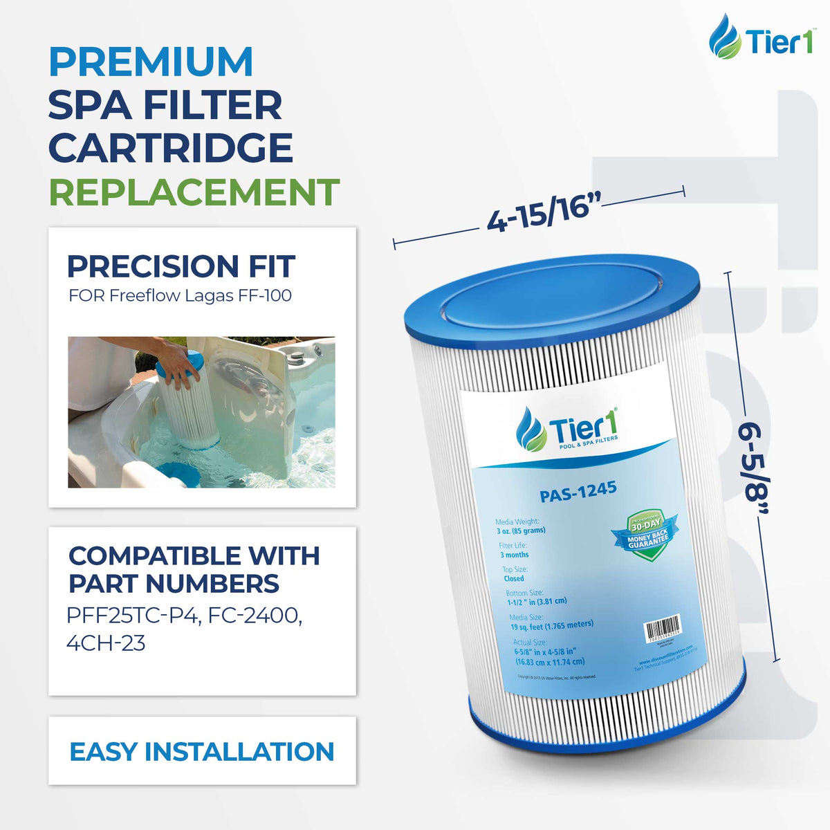 Tier1 Spa Filter for Freeflow Lagas FF-100 -Washable Trilobal Dirt-Lock Pleats