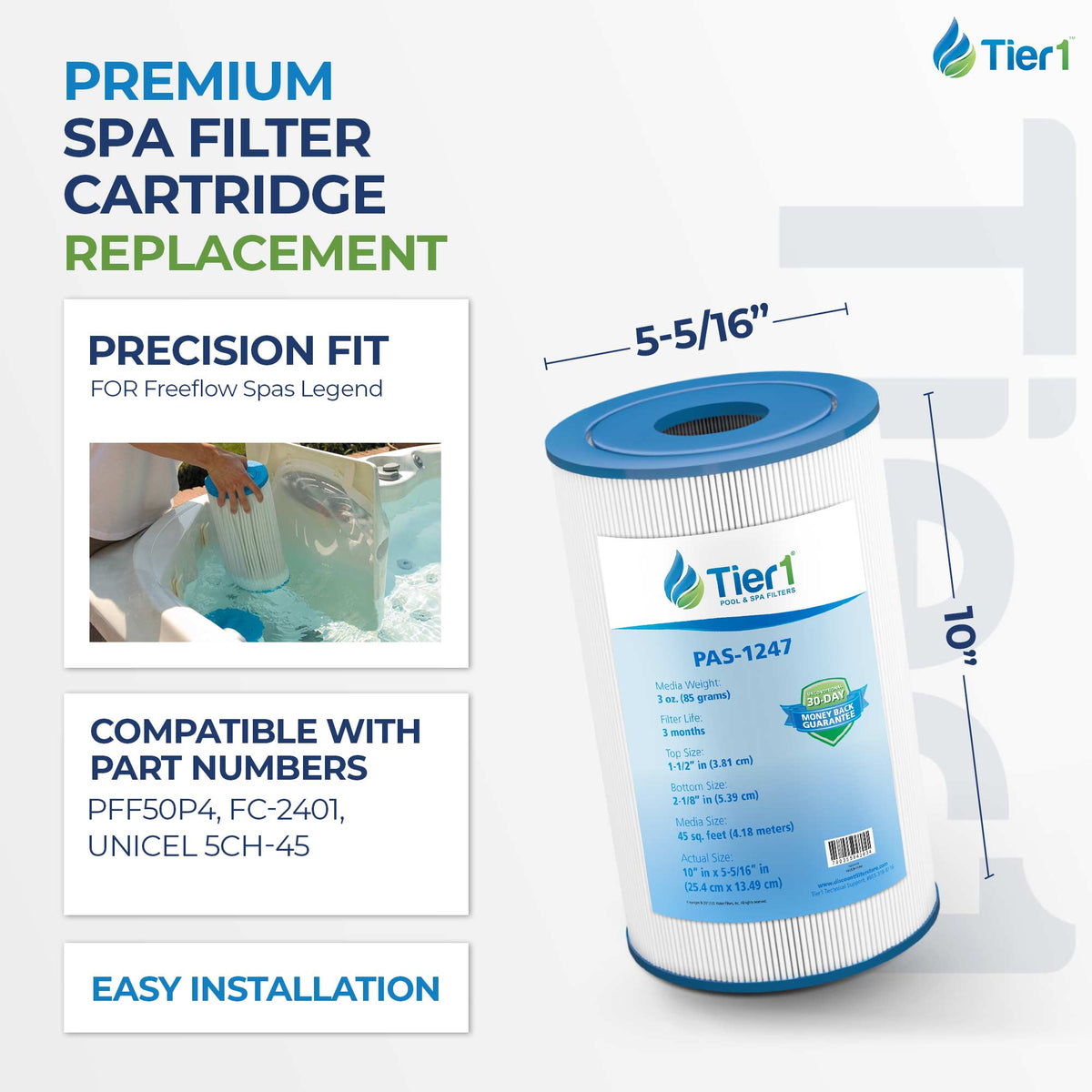 Tier1 Spa Filter for Freeflow Spas Legend -Washable Trilobal Dirt-Lock Pleats