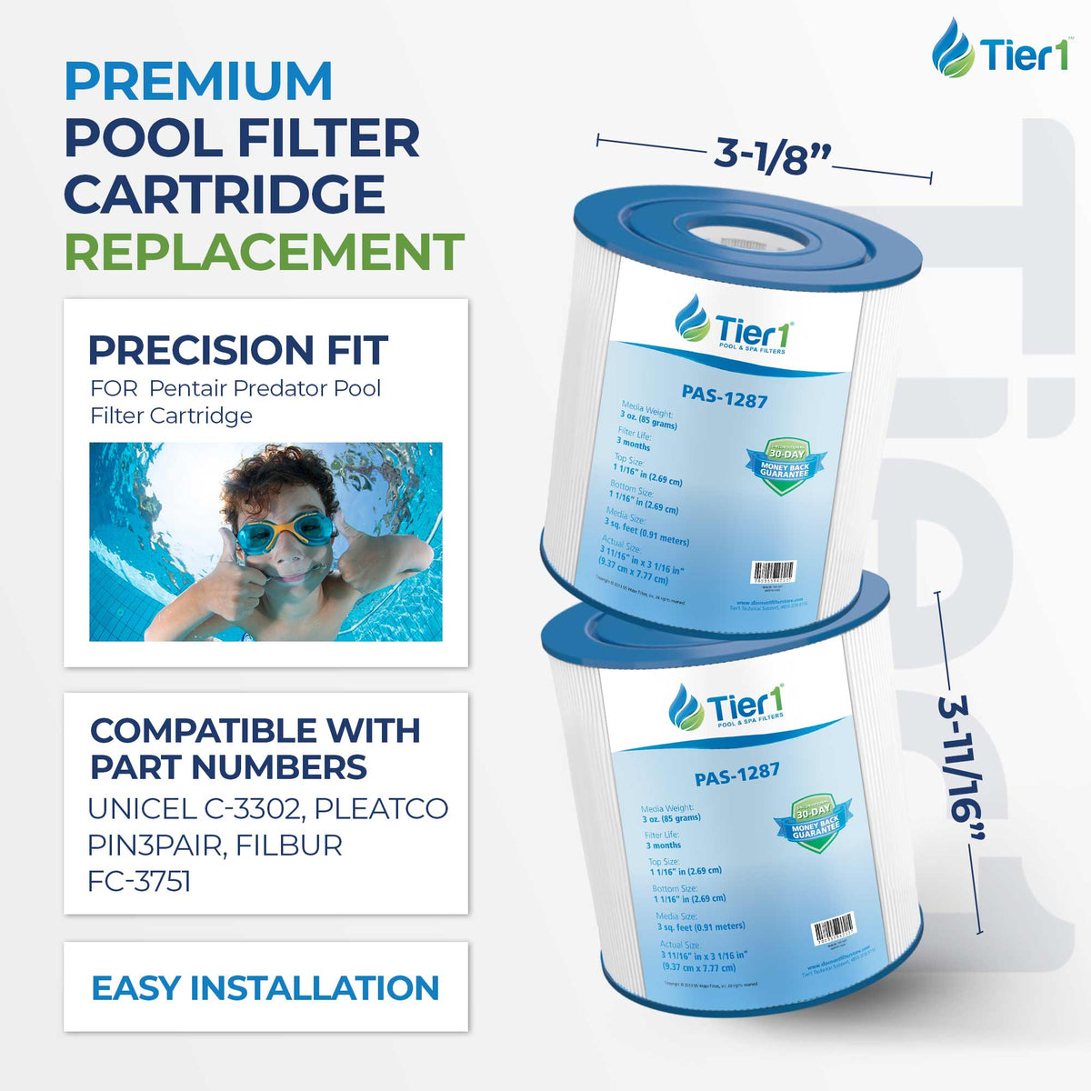 Tier1 Pool Filter for Predator Pool Filter -Washable Trilobal Dirt-Lock Pleats