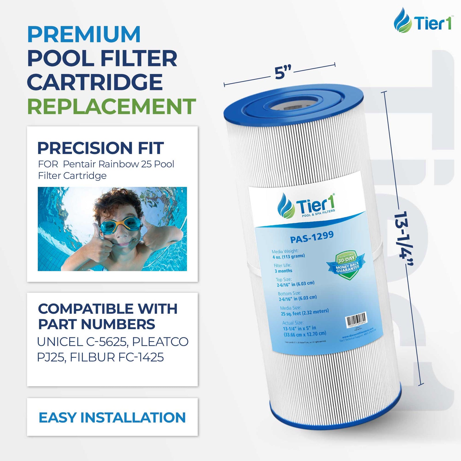 Tier1 Pool Filter for Pentair Rainbow 25 -Washable Trilobal Dirt-Lock Pleats