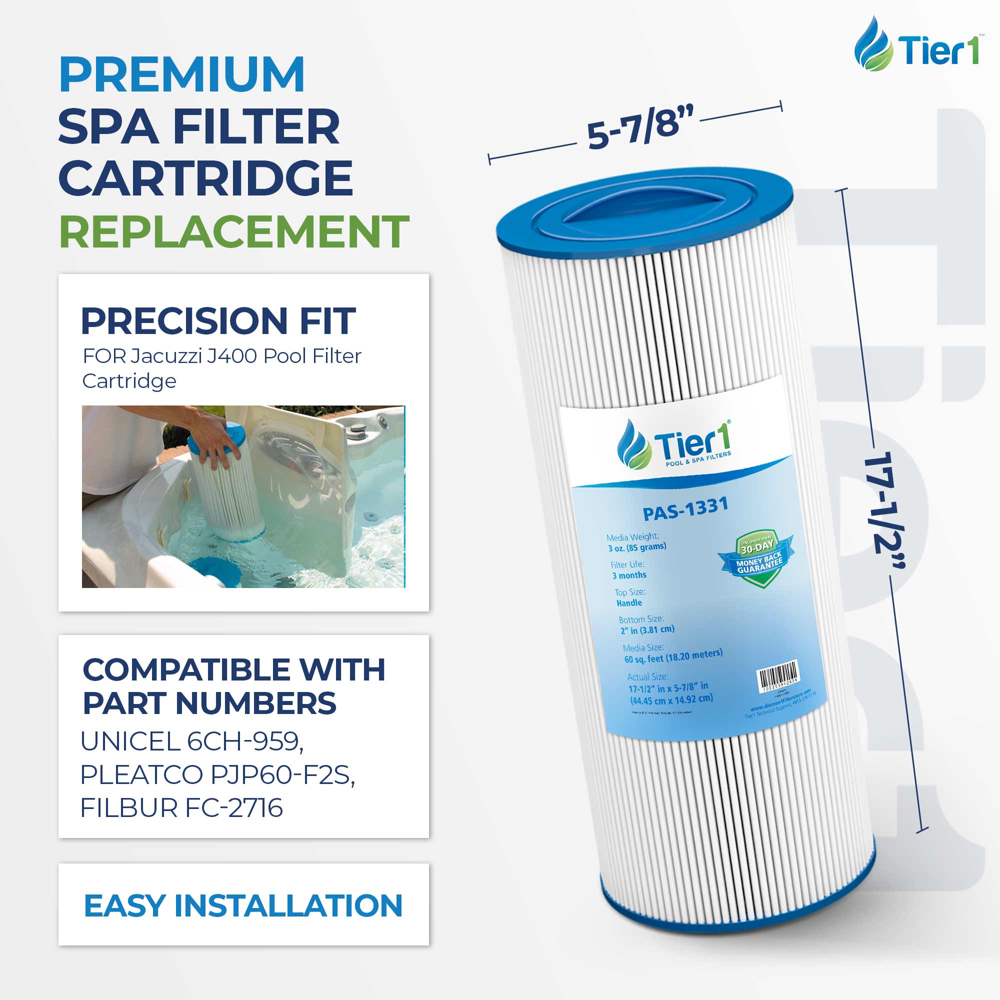 Tier1 Pool Filter for Jacuzzi J400 Filter -Washable Trilobal Dirt-Lock Pleats