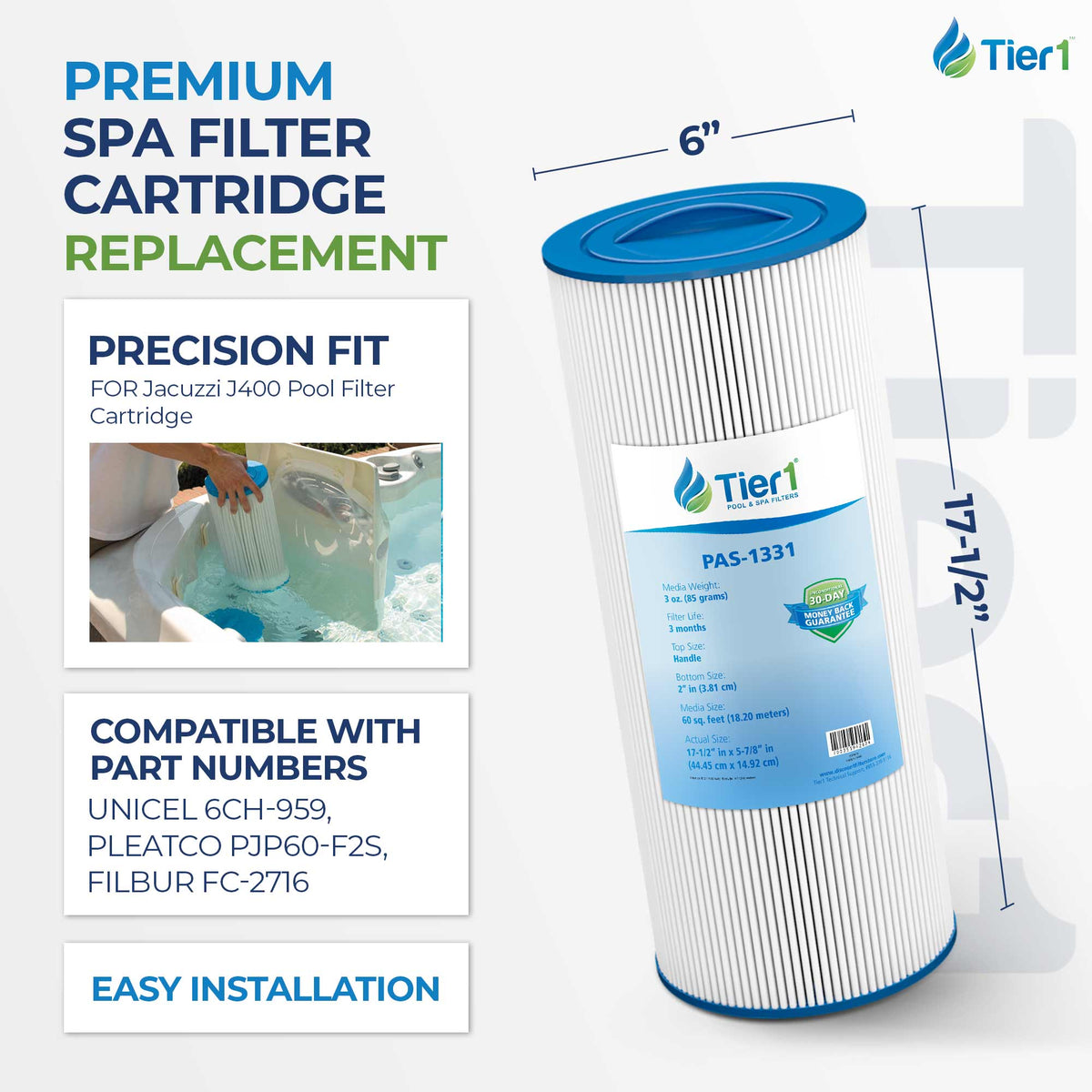 Tier1 Pool Filter for Jacuzzi J400 Filter -Washable Trilobal Dirt-Lock Pleats