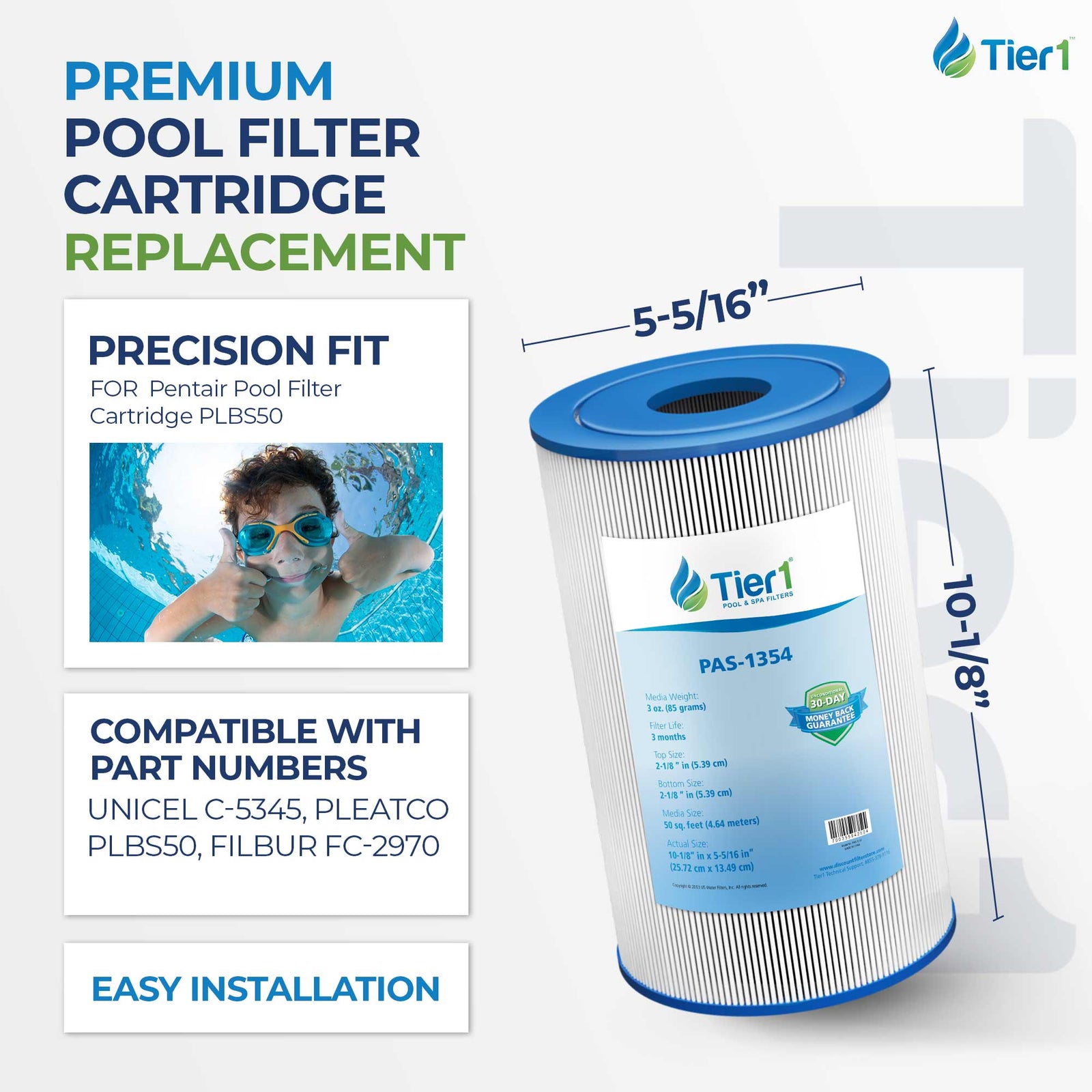 Tier1 Pool Filter for Pentair PLBS50 Filter -Washable Trilobal Dirt-Lock Pleats