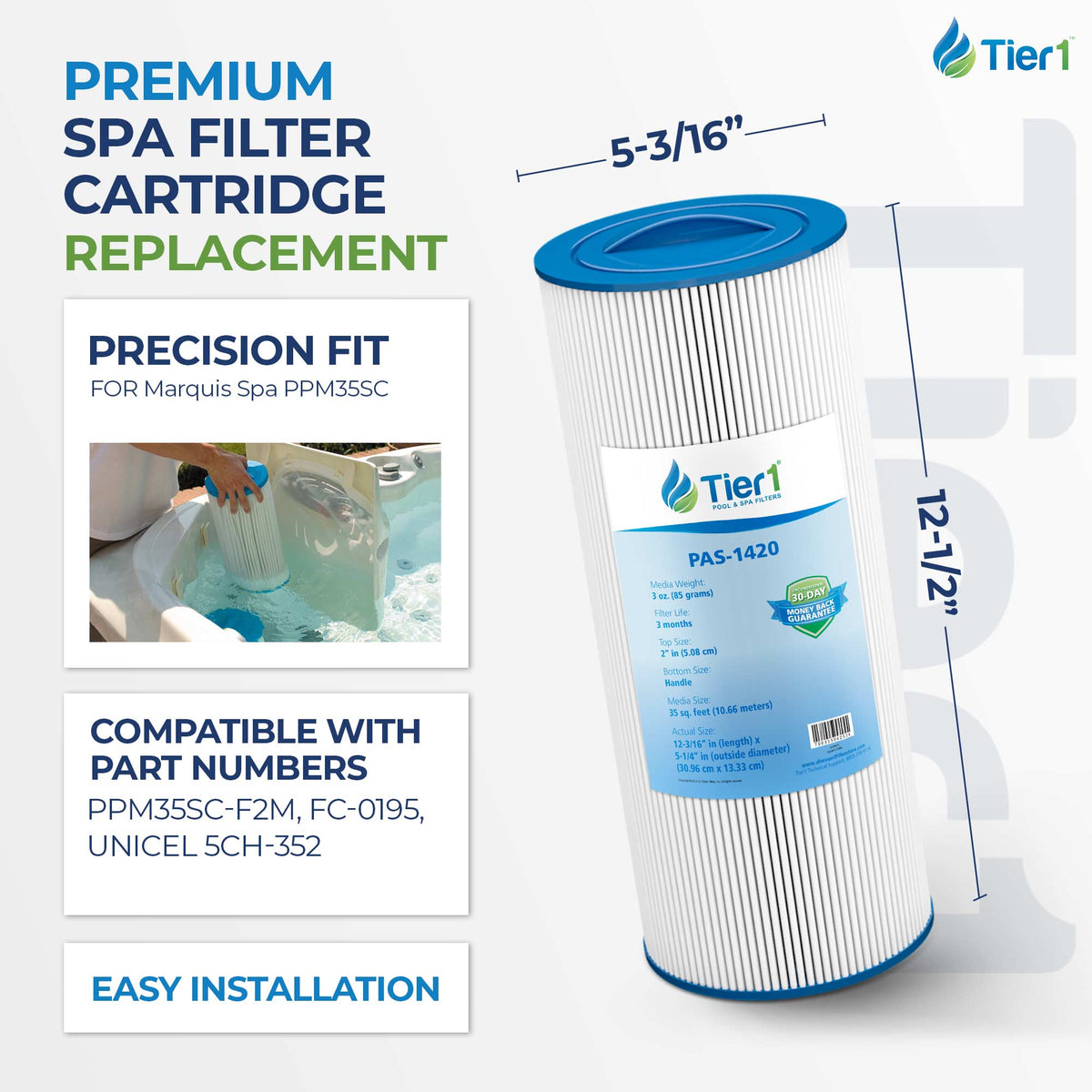 Tier1 Spa Filter for Marquis Spa PPM35SC -Washable Trilobal Dirt-Lock Pleats