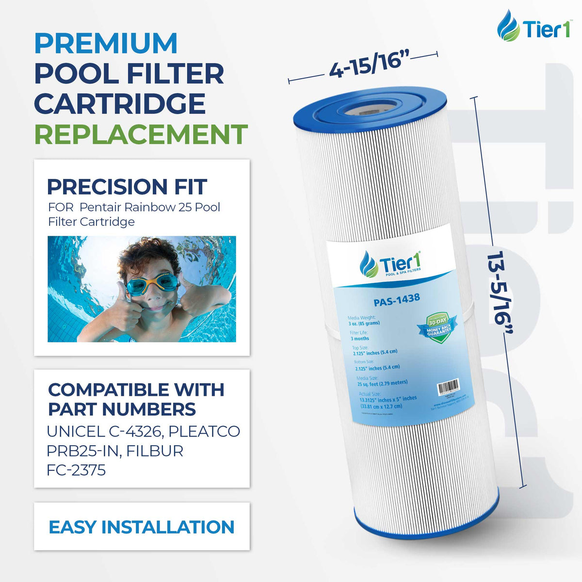 Tier1 Pool Filter for 17-2327, 100586, 33521 -Washable Trilobal Dirt-Lock Pleats