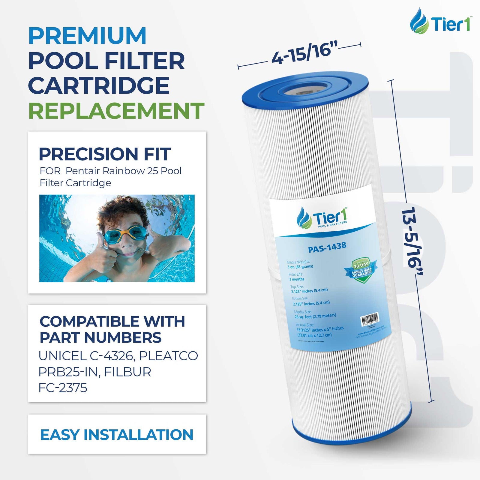 Tier1 Pool Filter for 17-2327, 100586, 33521 -Washable Trilobal Dirt-Lock Pleats