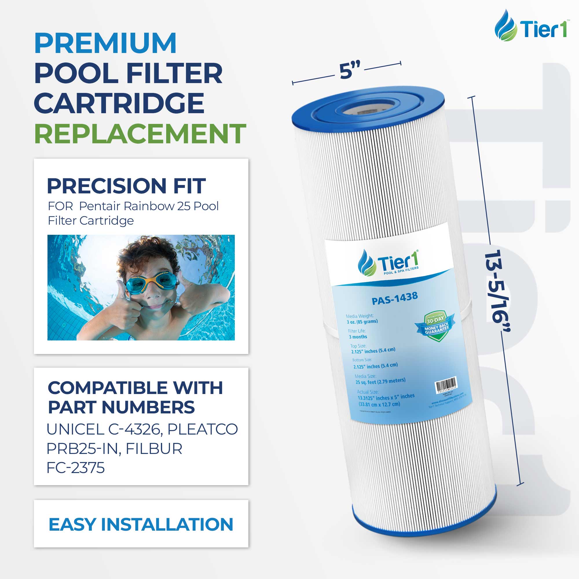 Tier1 Pool Filter for 17-2327, 100586, 33521 -Washable Trilobal Dirt-Lock Pleats